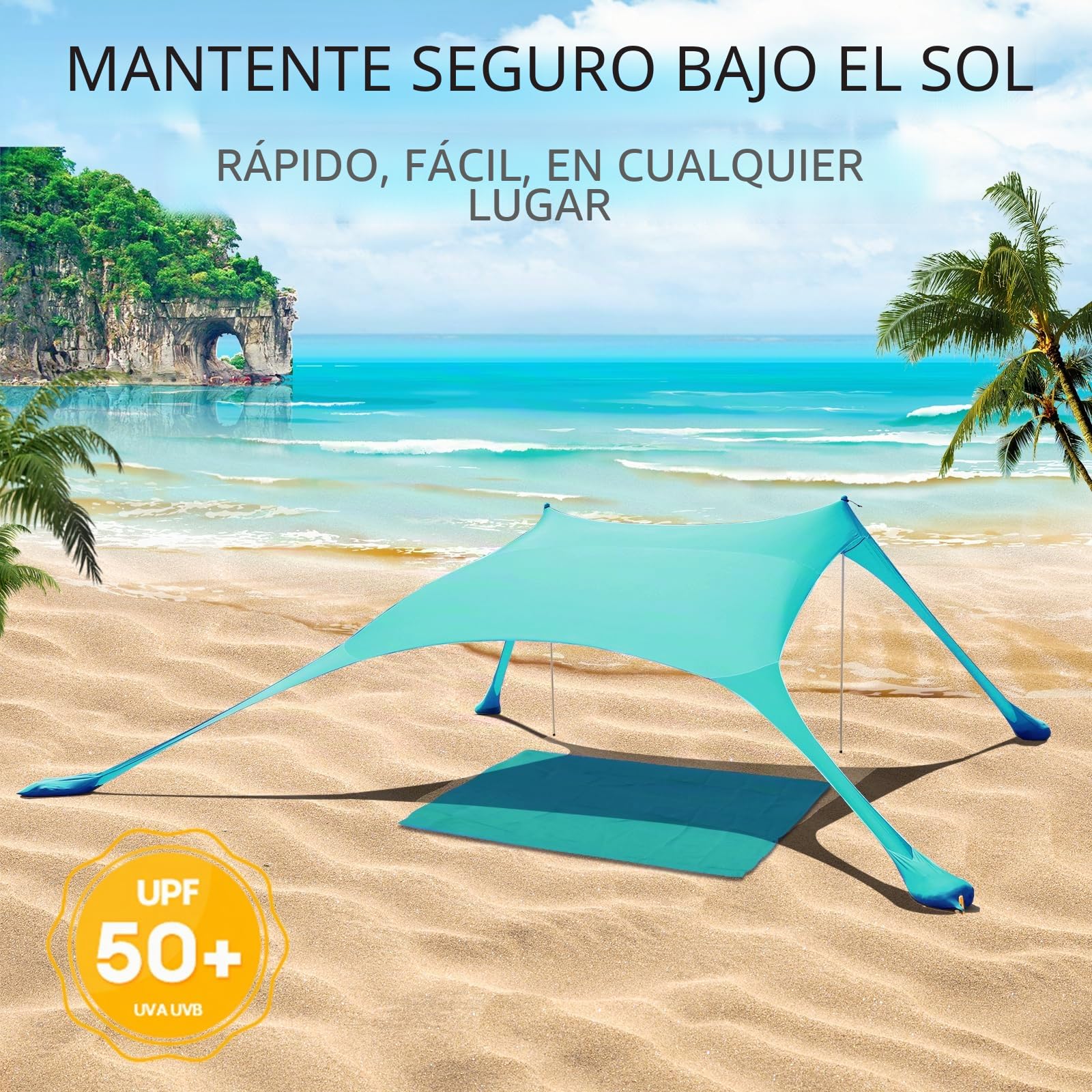 Tienda de campaña de playa, 2 x 2,1 m, protección y solar de licra, antiviento, patio trasero con manta de playa