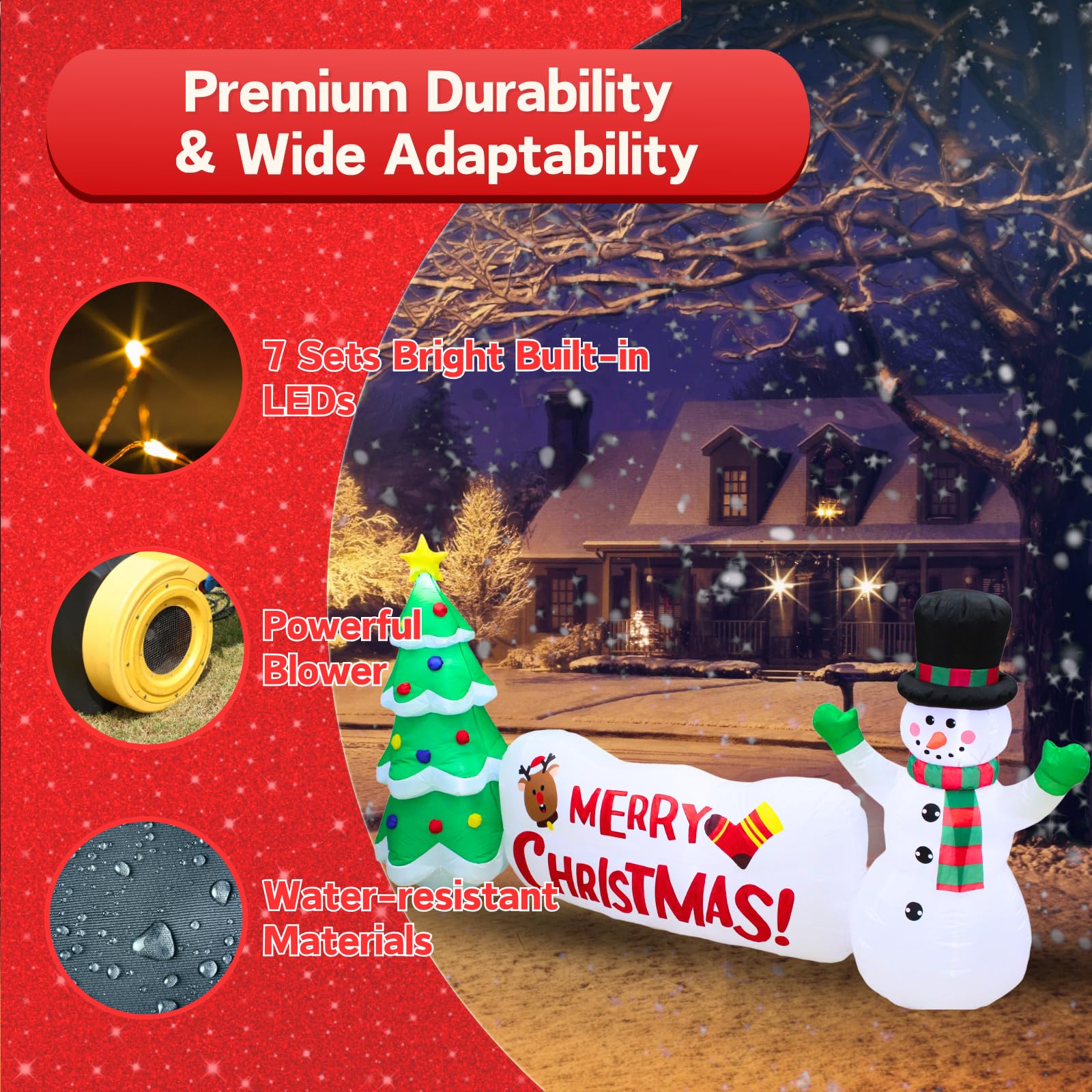 PTS Muñeco de nieve inflable de 10 pies con árbol y letrero para decoración al aire libre, decoraciones de patio inflable de Navidad, luces LED integradas, decoración divertida para interiores y