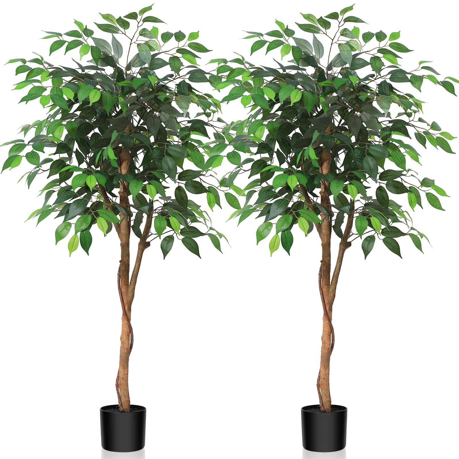 Kazeila 4 Feet Artificial Ficus Tree - Fake Silk Plants with Lifelike Leaves and Natural Wood Trunk - Faux Potted Tree for Indoor Home Decor - 2 Pack