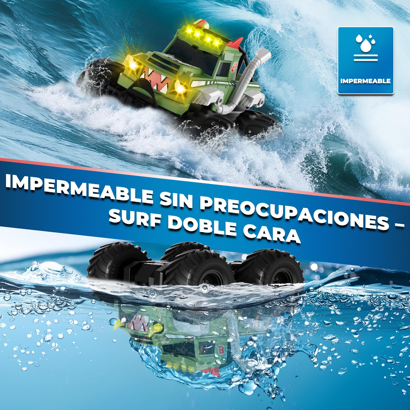Nitigo Coche Teledirigido - 4WD Monster Truck con Cañón de Agua, 1:16 Coche RC Anfibio con Luces LED 20 Km/h, 2 Baterías Recargables 90 Min de Autonomía, para Niños 6-12 Años y Adultos (Verde)