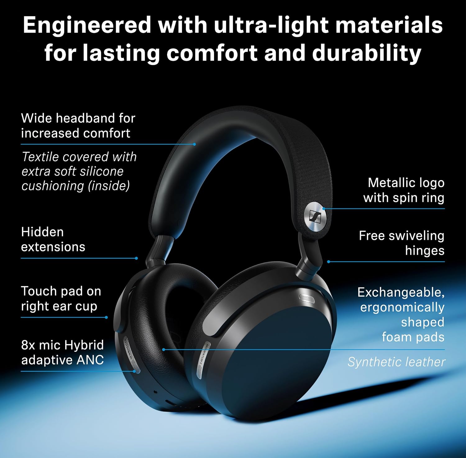 Sennheiser Wireless Headphones MOMENTUM 5 Wireless Black High-Performance Drivers Noise Cancelling Up to 57 Hours Playback Touch Panel Hi-Res Wireless Dolby Atmos Spatial Audio Ambient Sound Replaceable Battery [Japan Domestic Genuine Product] view 10