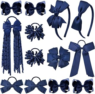 Navy Blue School Hair Accessories Set 13 Pcs Uniform Hair Bow Headband Clips Hair Ties Curly Korker Bows for Little Toddler School Girls (Navy)