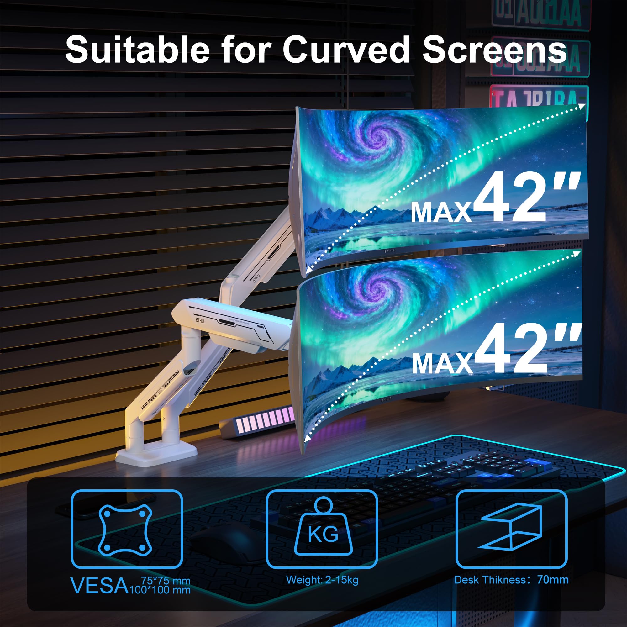 Monitorhalterung 2 Monitore bis 15kg pro Arm, Schwerlast Dual Monitor Arm Weiß Gasdruckfeder für 13-42 Zoll Curved Bildschirm, Ergonomische Doppelarm Halterung VESA 75/100