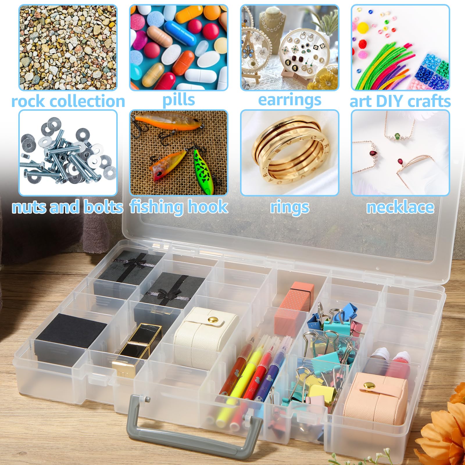 Confezione da 2 scatole organizer per gioielli in plastica trasparente a 48 scomparti, con divisori regolabili, contenitori per gioielli, multi scomparti, per artigianato, perline, gemme, rocce