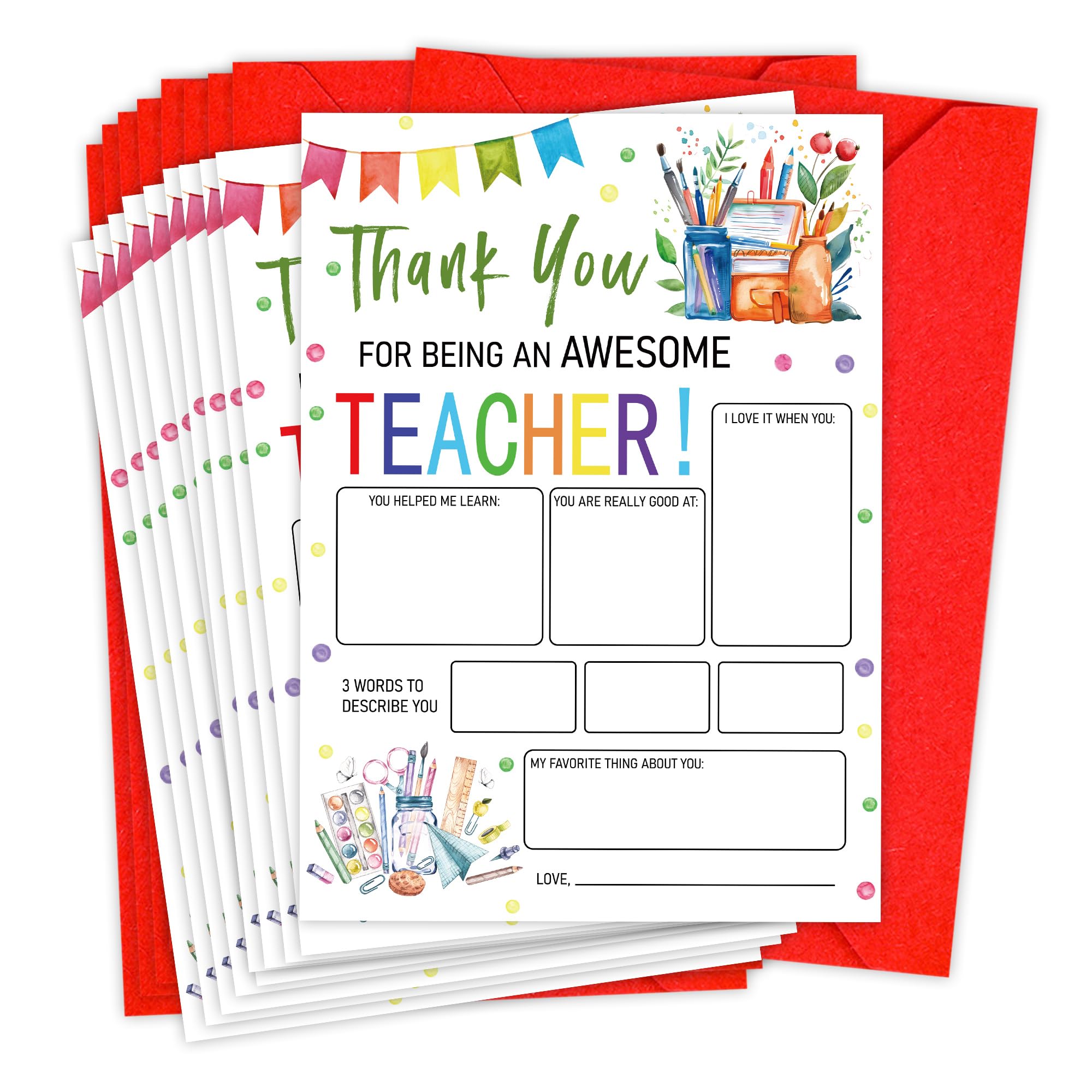 Paquete de 10 tarjetas de agradecimiento para profesores, tarjeta de agradecimiento para profesores, tarjeta en blanco con sobre, regalo de semana de agradecimiento para profesores, tarjetas para