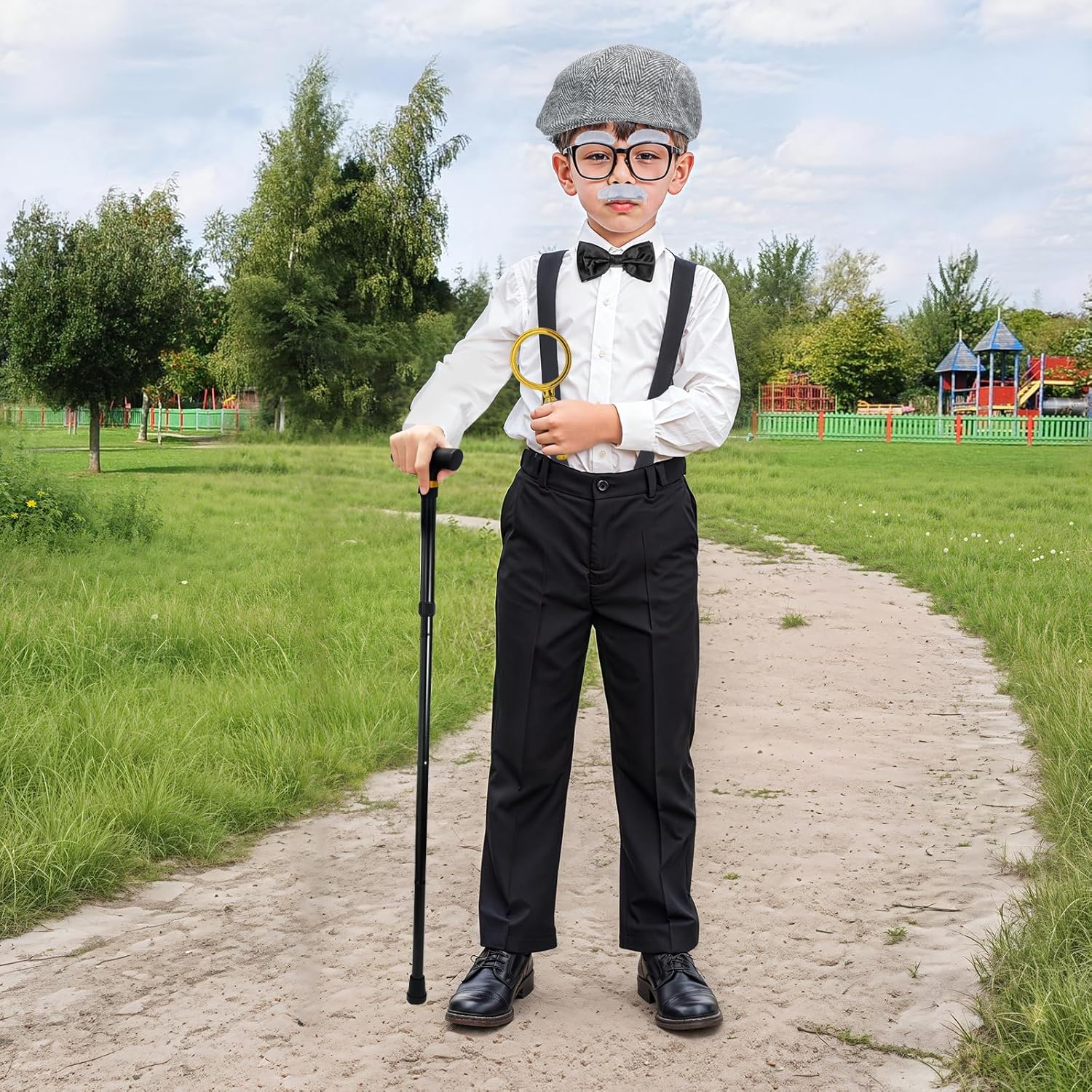 TaikaoQi Old Man Costume for Kids 100 Day of School Costume for Boys – Grandpa Cosplay Accessories with Hat, Glasses, Cane, Bow Tie, Suspenders, Magnifying Glass, Eyebrows & Mustache - Image 2