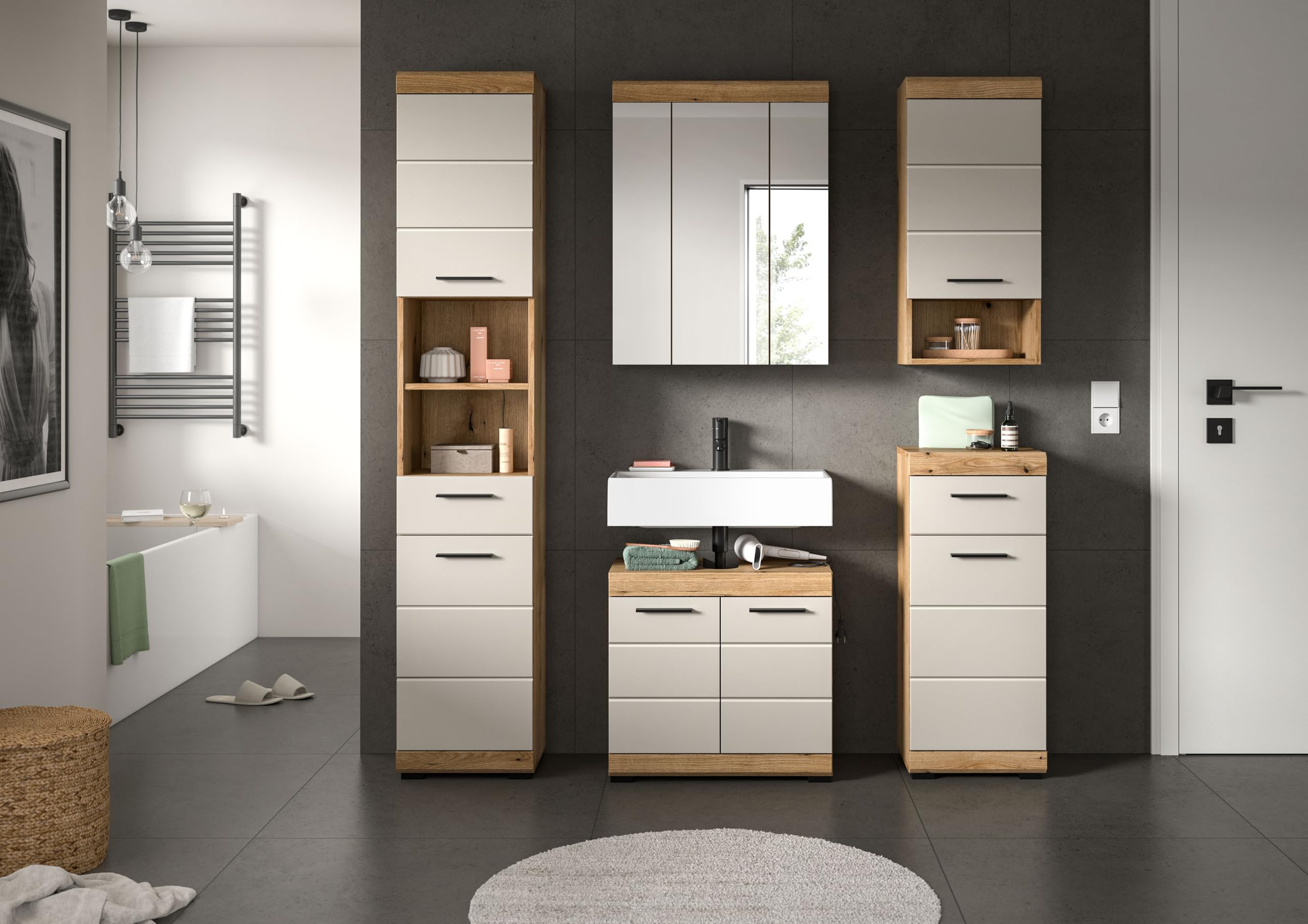 xonox.home – Badkombination Scout 164x191x34 cm in Evoak Oak und Kaschmir Nachbildung matt – Breites Badmöbel-Set mit klarer Formensprache – modern – Bild 6