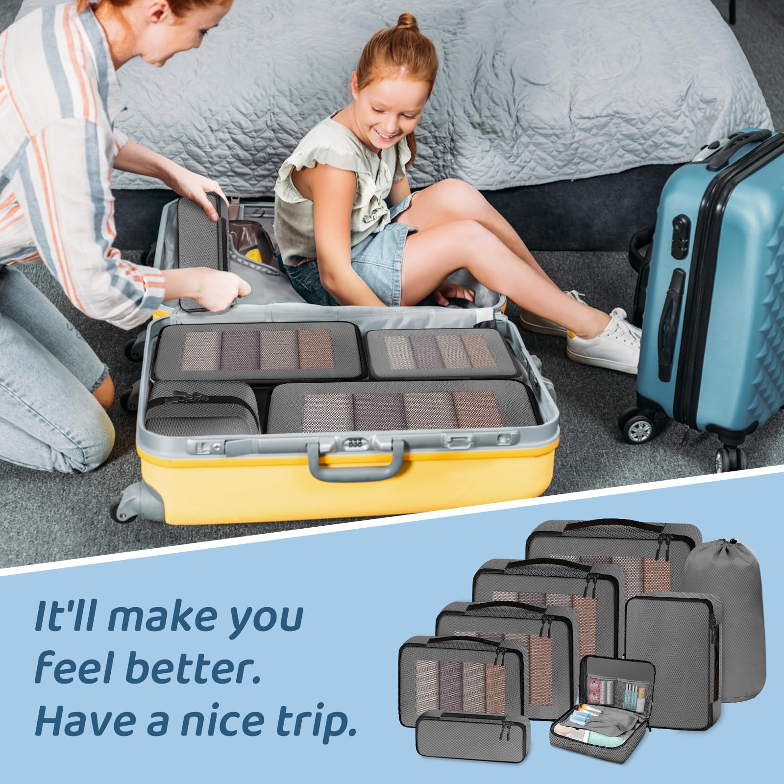 Set Di 7 Packing Cubes Per Valigia - Organizer Da Viaggio Impermeabile Grigio - Foto 2