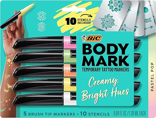 BIC BodyMark - Marcadores de arte corporal, pop pastel, punta de pincel flexible, paquete de 5 unidades de colores surtidos, seguros para la piel,