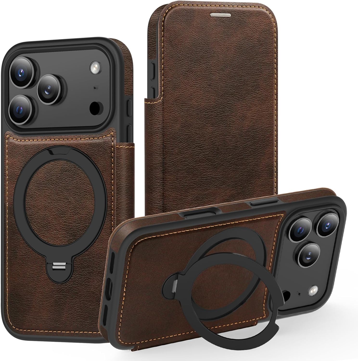 Flip Case for iPhone 17 Pro Max/17 Pro/17 Air/17,Full Coverage Protection Wallet Leather Cover Magnetic Ring Holder Stand RFID Blocking Shockproof Protection Shell(Brown,17 Air)