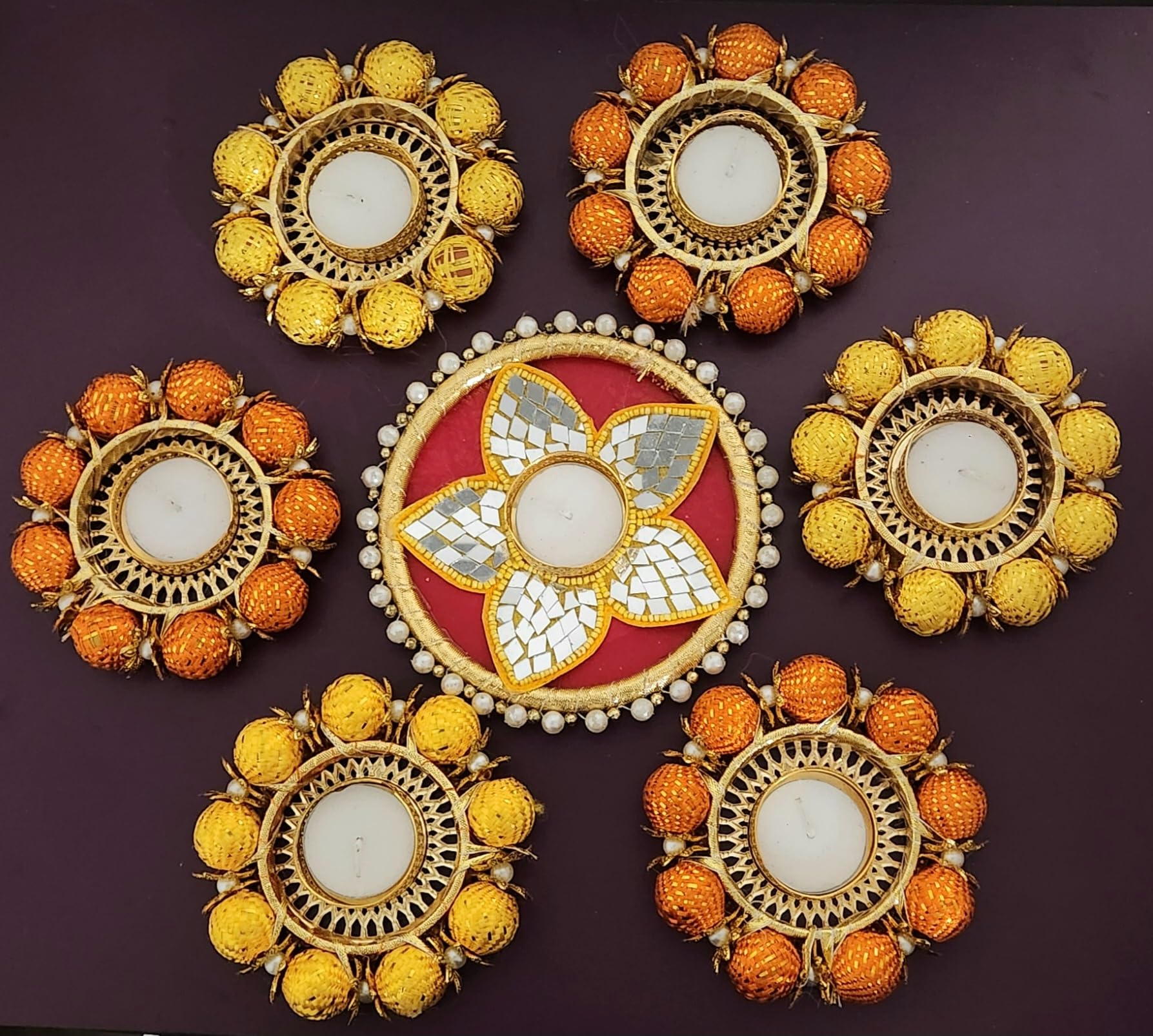 Handmade Tea Light Candle Holders| Rangoli | Set of 7 Candle Holders|Diwali Decorations for Home |Floor Decorations|Diwali diyas|Diwali Candles (Lotus Tea Light Rangoli)