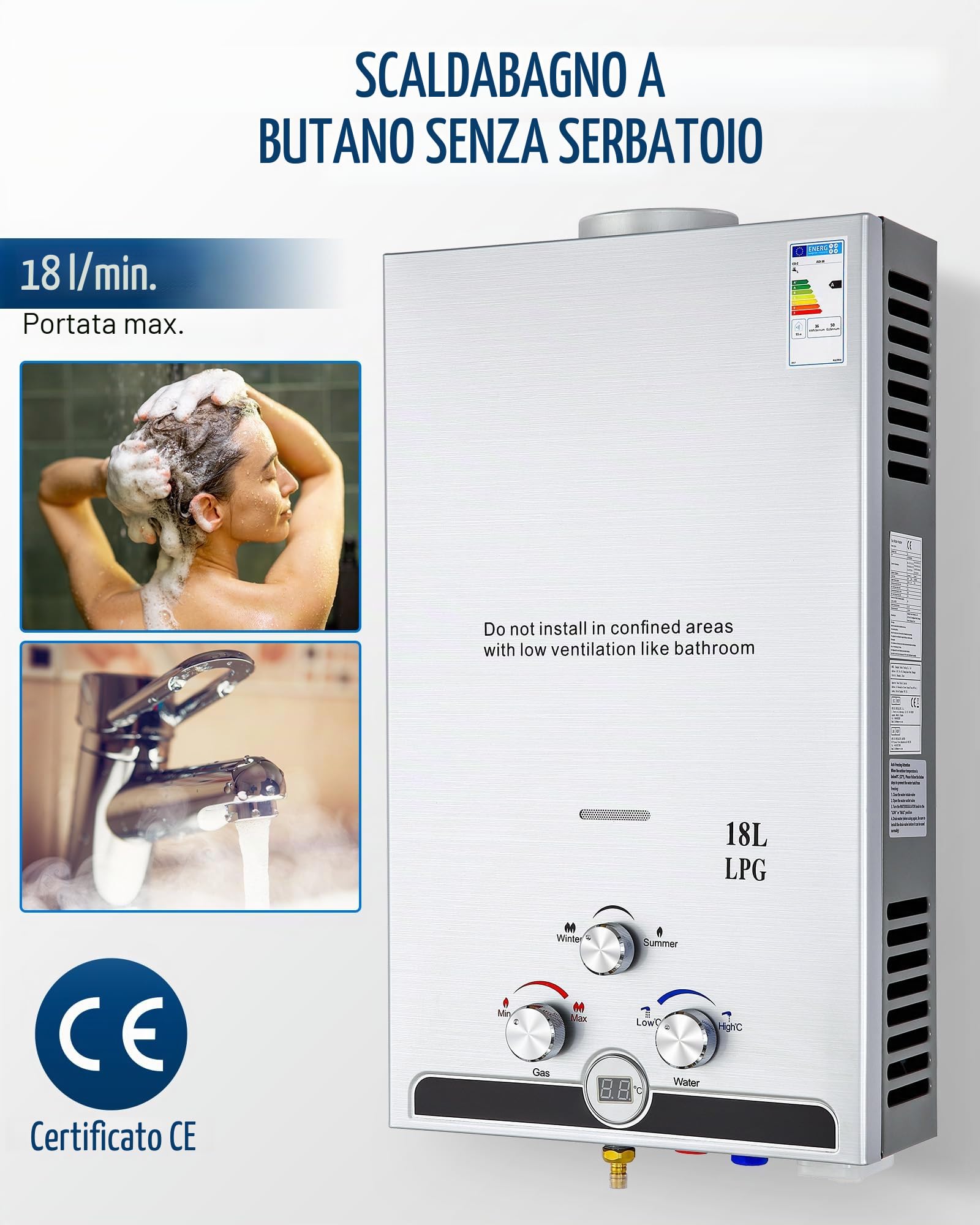CO-Z 18L/min Scaldabagno a Gas GPL con Modalità Inverno ed Estate 30.6 kW Caldaia a Gas GPL a Parete senza Serbatoio Scaldabagno a Gas Butano con Anima in Rame e Display a LED