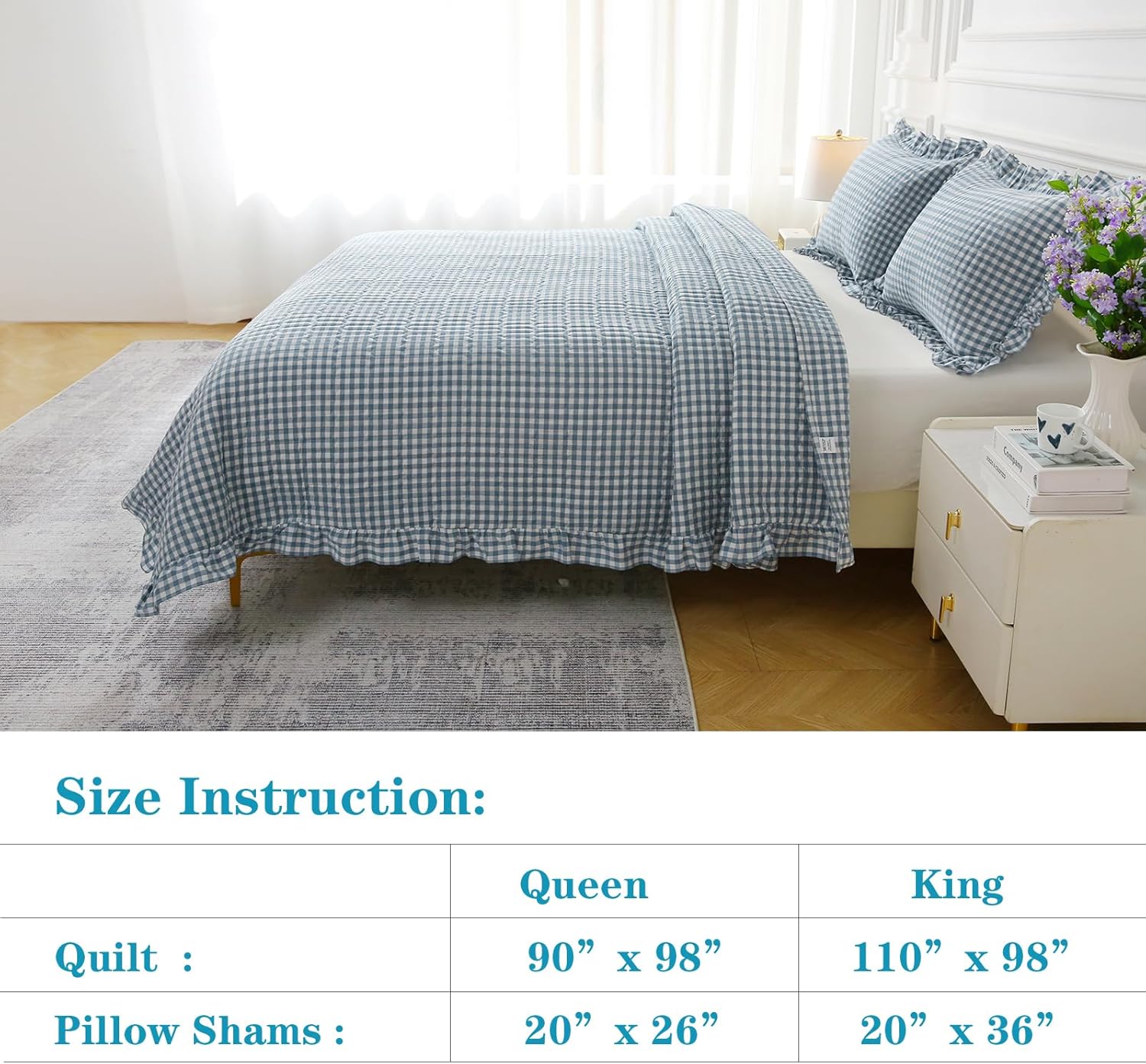 Dust Blue White Ruffle Gingham Quilt Set Queen Size with 2 Pillow Shams, 100% Washed Cotton Yarn-Dyed Quited Bedspread Farmhouse Bedding Set (Dust Blue, Queen) | Ruffle quilt, Gingham quilt, 100% washed cotton
