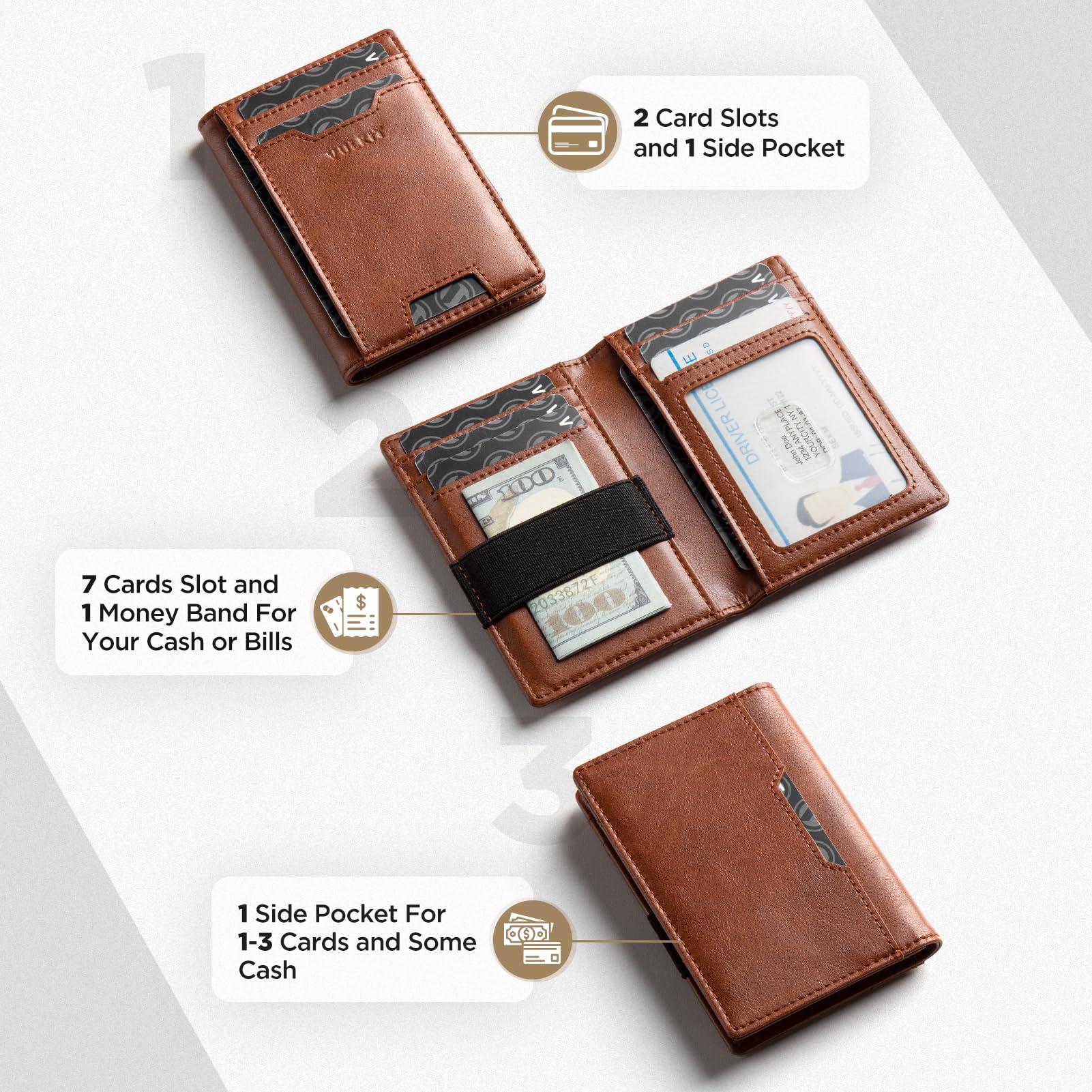 VULKIT Étui pour cartes de crédit, blocage RFID, en cuir fin, poche avant, porte-monnaie pour homme, porte-cartes bancaires, accès rapide avec 10 emplacements et bande pour argent pour factures ou