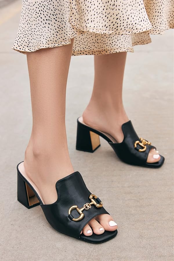 gihubafuil Women's Sandals Peep Toe Slides Chunky Heel Mules Single Band Comfort Slip-on Shoes with Metal Chain for Spring Summer Black by gihubafuil - Used condition - Image 2