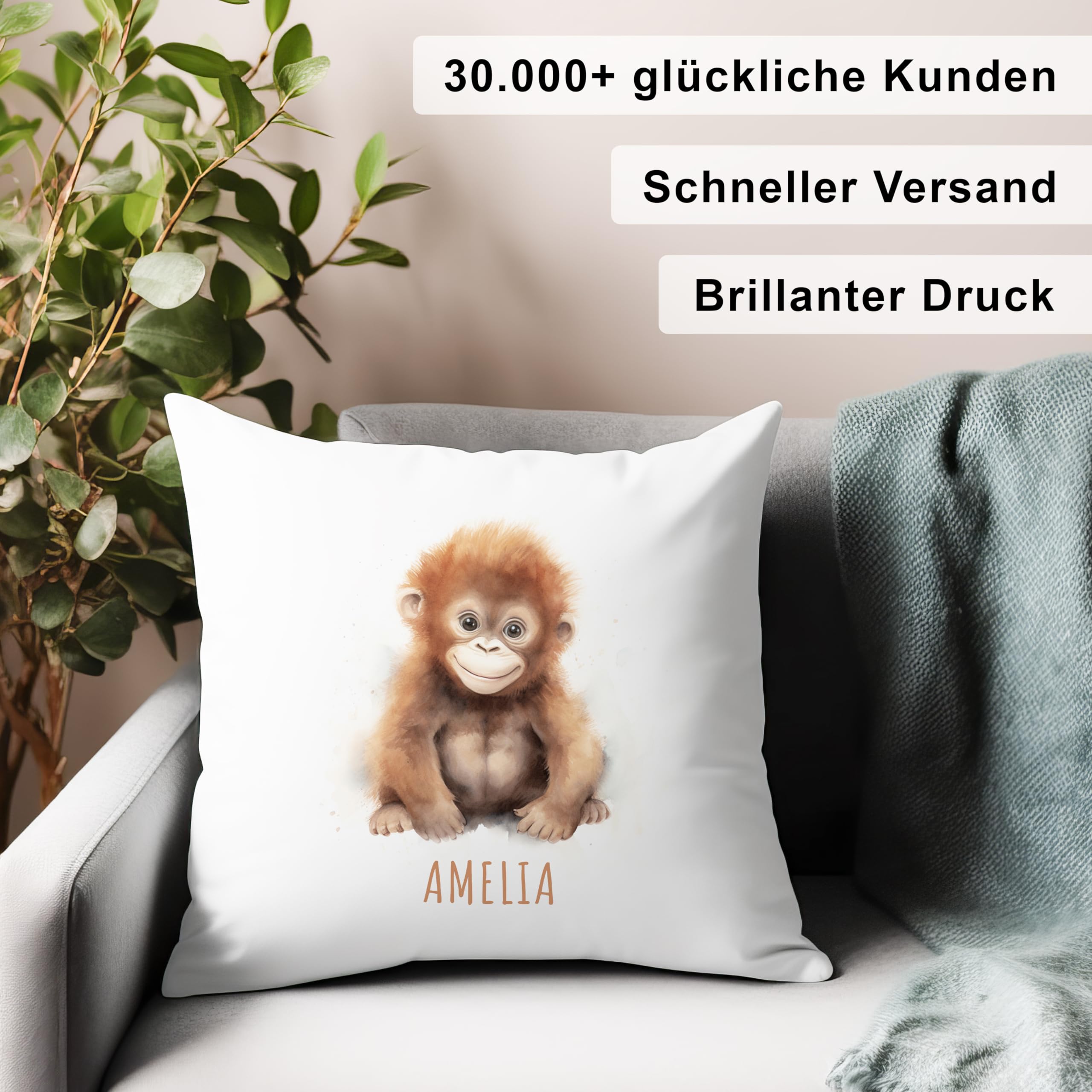 DEL MÀ Unique & Personal AFFE Kissen personalisiert mit Namen Kinderkissen Kuschelkissen Kinder Geschenk Kinderzimmer Deko Junge Mädchen Zierkissen Dekokissen 40x40 cm inkl. Füllung und Bezug