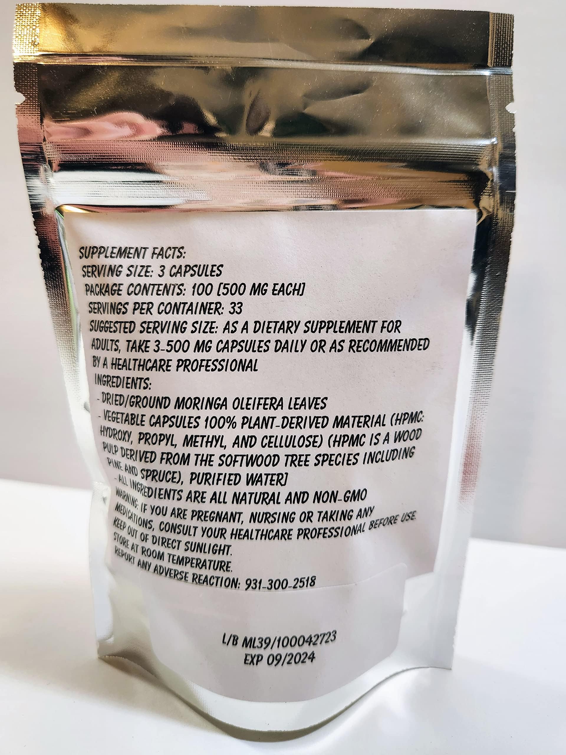 Moringa Oleifera Leaf Capsules Non GMO - Herbal Supplement - 100% Pure Leaf Powder! (100) - Made Fresh ON Demand!