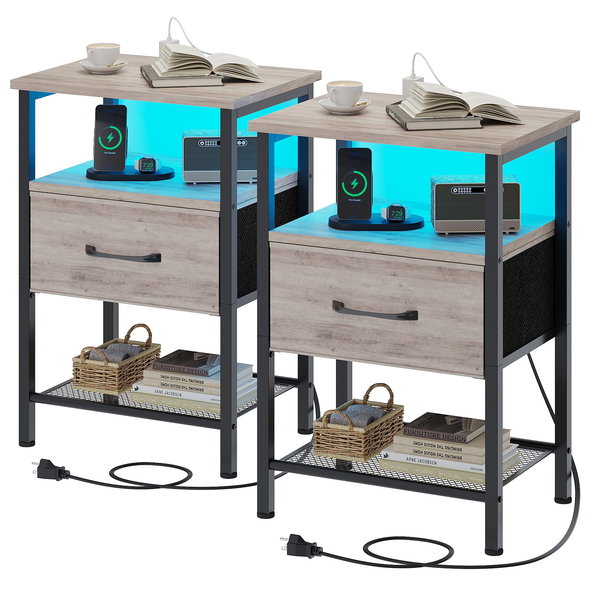 Night Stand Set 2, End Table with Charging Station, LED Bedside Table with Fabric Drawer for Bedroom, 3-Tier Side Table with Open Shelf, Greige