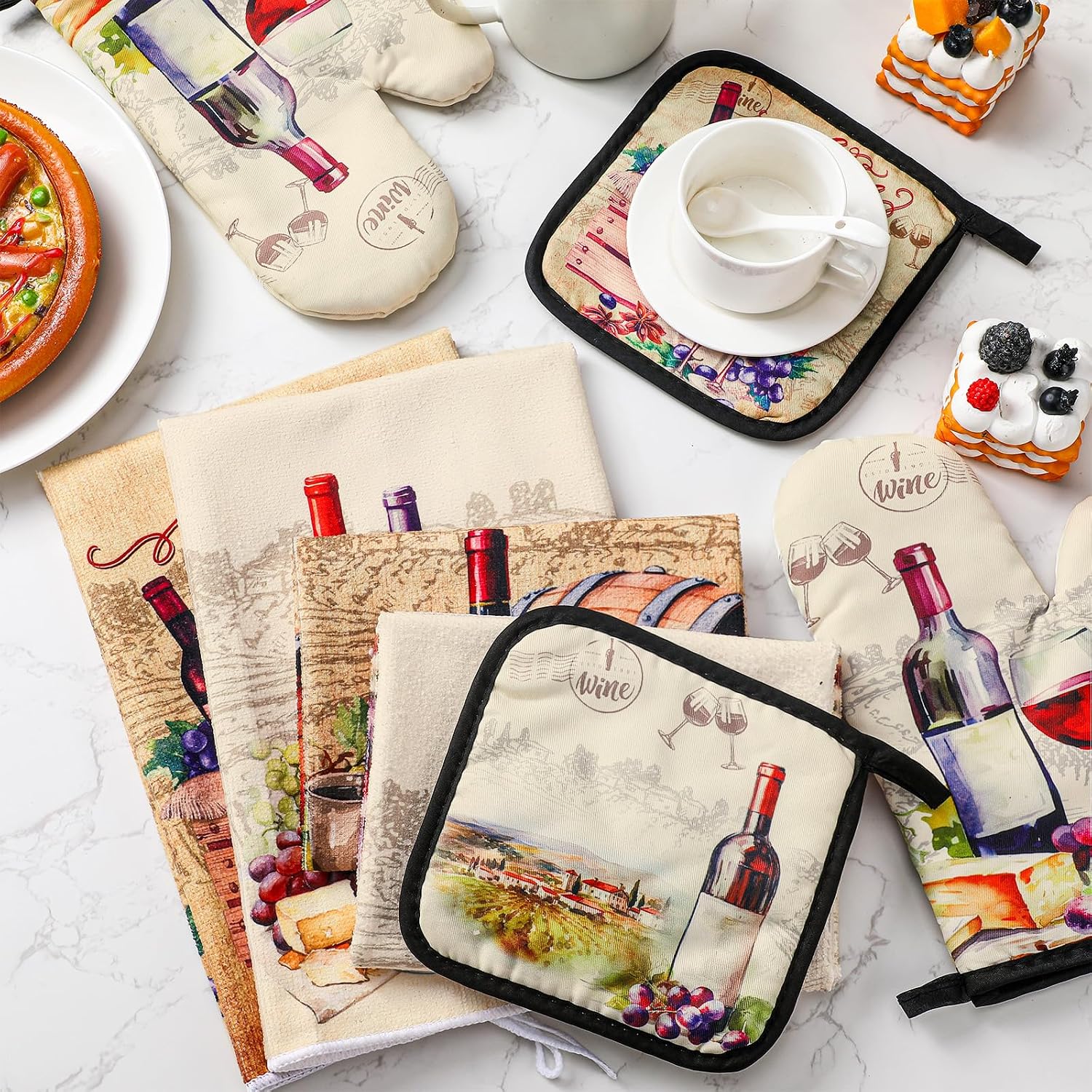 Bencailor 8 Pcs Red Wine Kitchen Towels Set Wine Kitchen Decor Decorative Dish Hand Towels Oven Mitts and Pot Holders Sets Vintage Winery Decorations Accessories for Gifts Cooking Baking Grilling