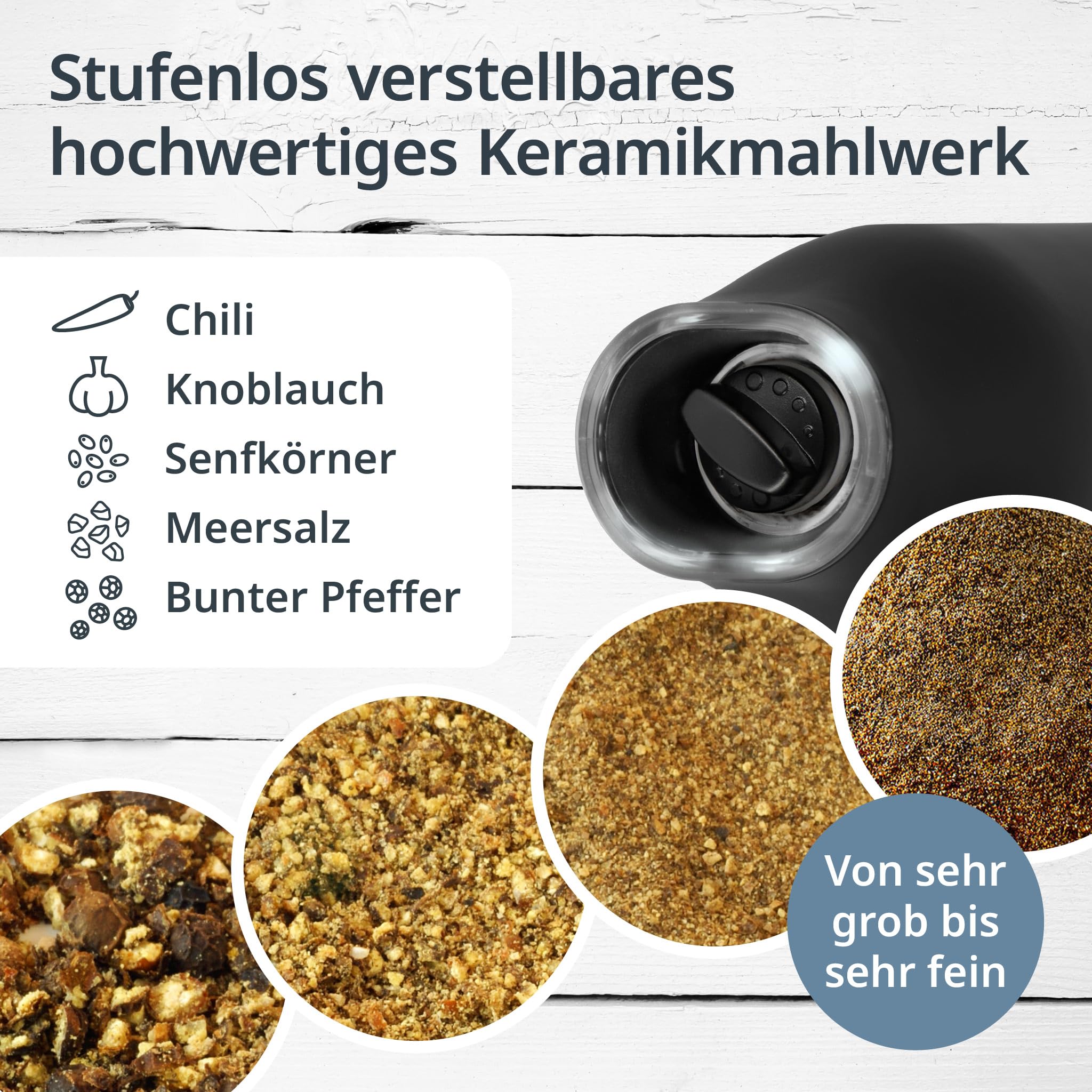 ADE Salz und Pfeffermühle elektrisch mit Kippsensor 2er-Set | Gewürzmühle mit Keramikmahlwerk | stufenlos einstellbar | Salz, Pfeffer, Chili, getrocknete Kräuter | Kräutermühle | mit LED-Beleuchtung