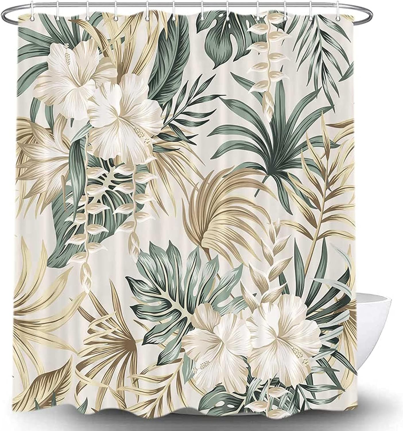 DYNH Tropical Plant Flower Shower Curtain for Bathroom, Vintage Sage Green Palm Leaves Beige Fabric Shower Curtains Set, Cute Floral Greenery Botanical Restroom Decor Accessories with Hooks (72X75)