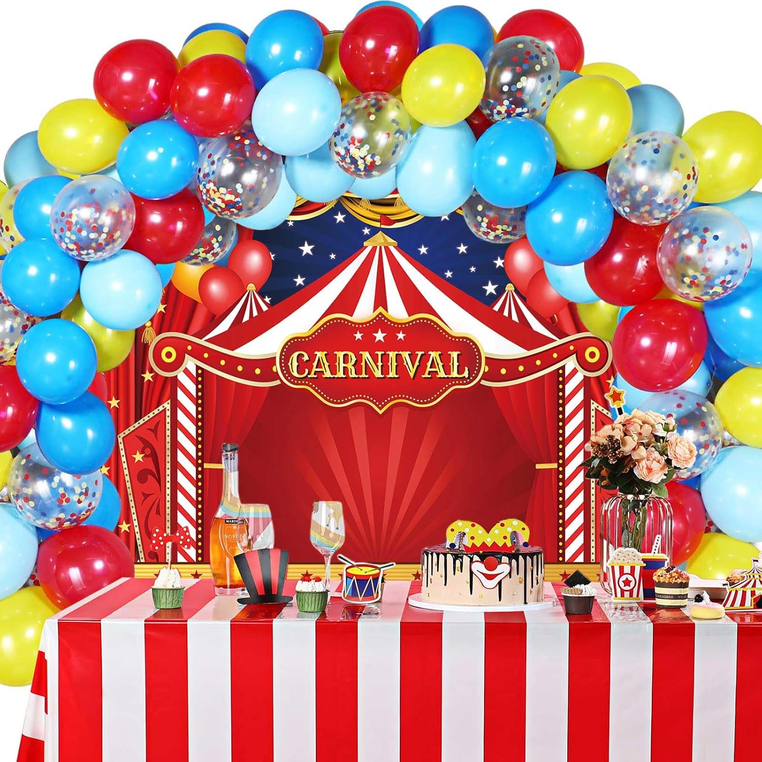 Circus Carnival Themed Backdrop Red Curtain Stars Balloon Birthday Party Photography Background Newborn Baby Shower Birthday Cake Table Decoration (8x6FT)