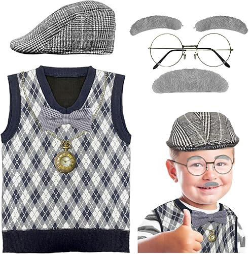 IncreDecor Disfraz de anciano para niños, disfraz de 100 días de escuela para niños, disfraz de abuelo de Halloween, conjunto de accesorios