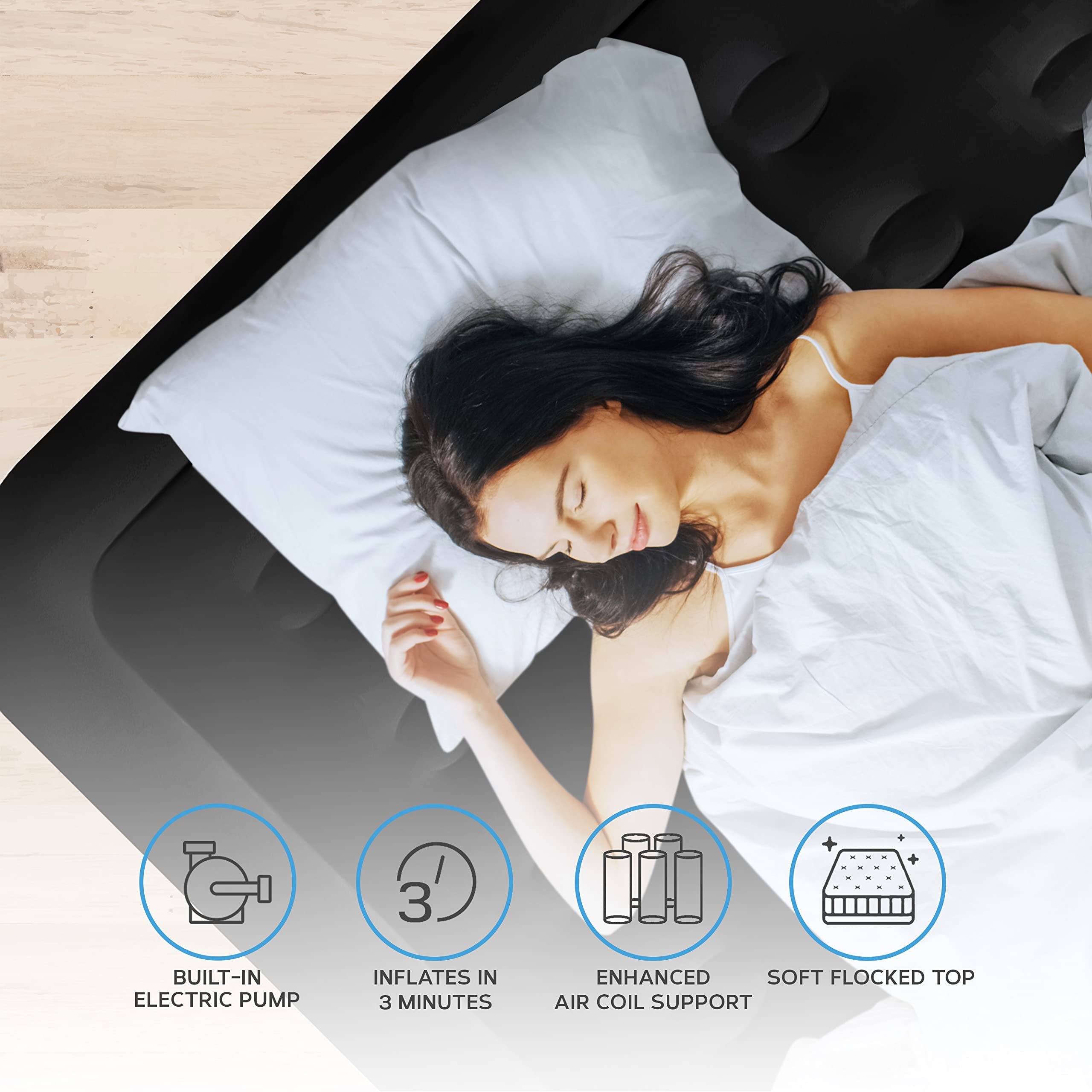 Get Fit Air Bed with Built In Electric Pump - Premium King Size - Blow Up Bed with 2 x Free Pillows - Elevated Inflatable Air Mattress for Outdoor, Camping, Tents - White/Black