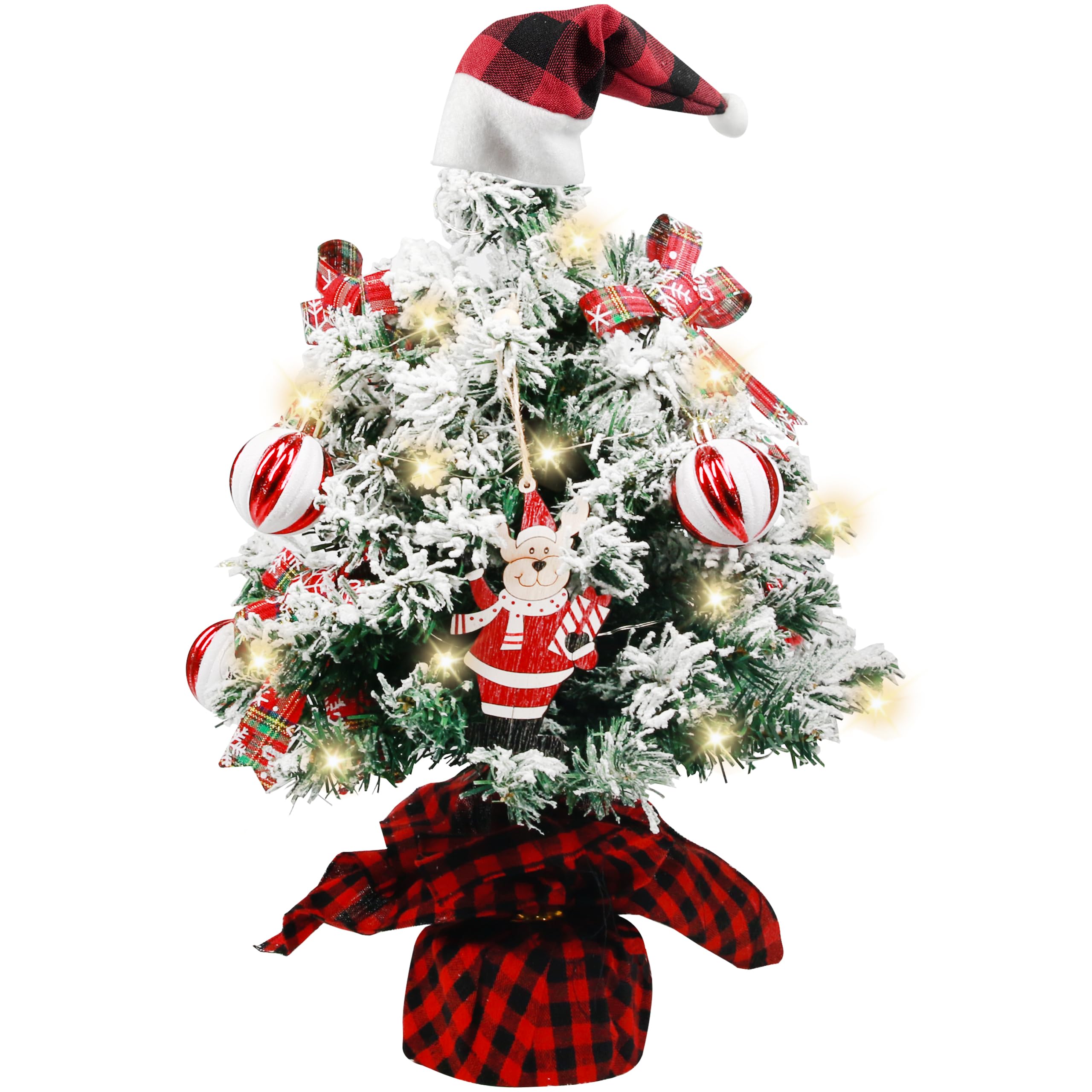 Sunnyglade Mini árbol de Navidad, árbol de Navidad artificial iluminado de mesa de 24 pulgadas con caja de música, etiqueta de reno y bola decorativa, árbol pequeño con LED para decoración de fiestas