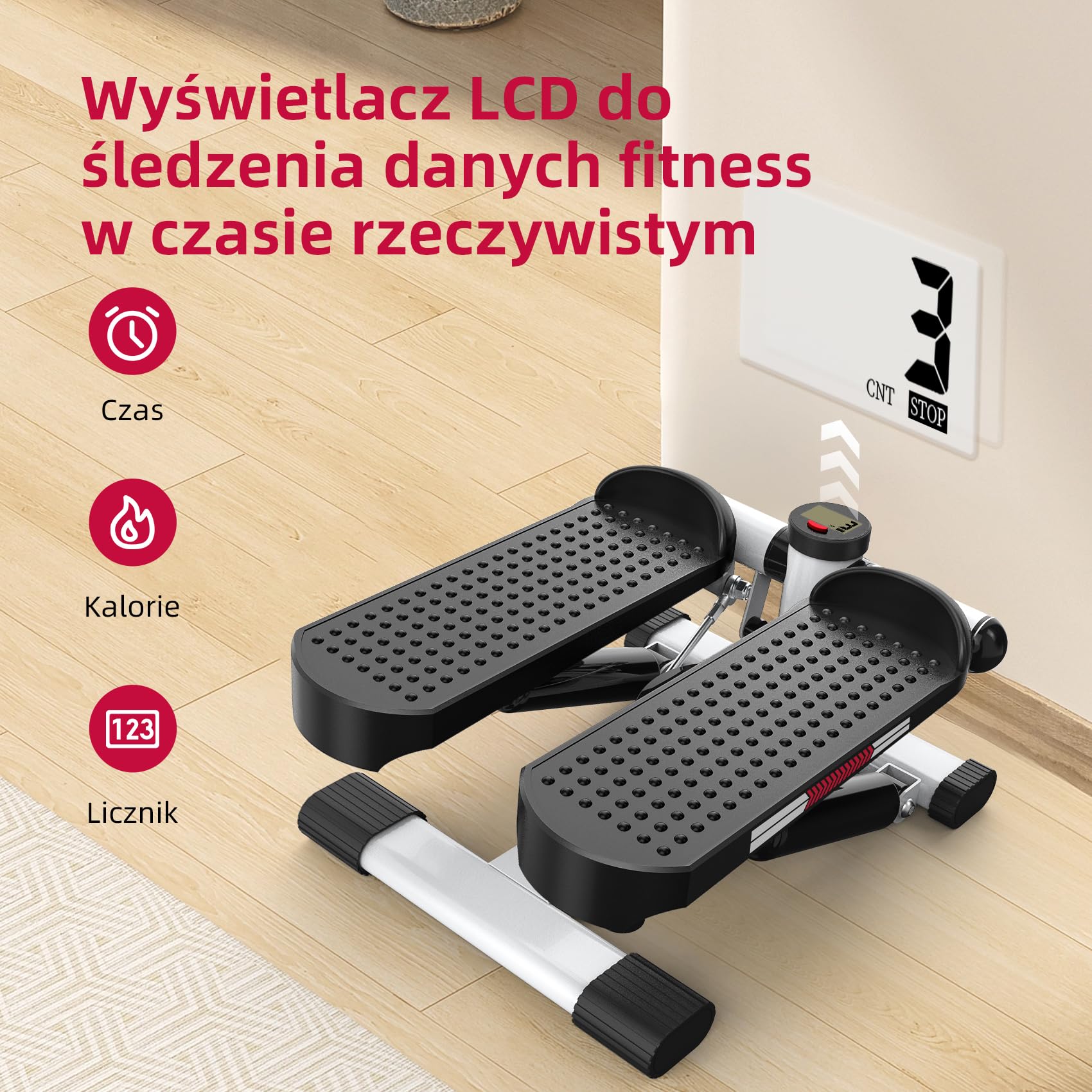 ST1 Mini Stepper do domu, 2 w 1: stepper góra–dół z linkami oporowymi, wyświetlacz LCD, regulowany opór, trening nóg i rąk, cichy i kompaktowy, maksymalne obciążenie 100 kg.
