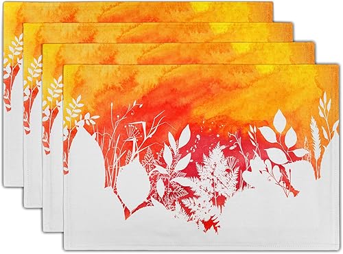 Juego de 4 manteles individuales de otoño, manteles individuales abstractos con hojas de otoño amarillas y naranjas, plantas botánicas para el