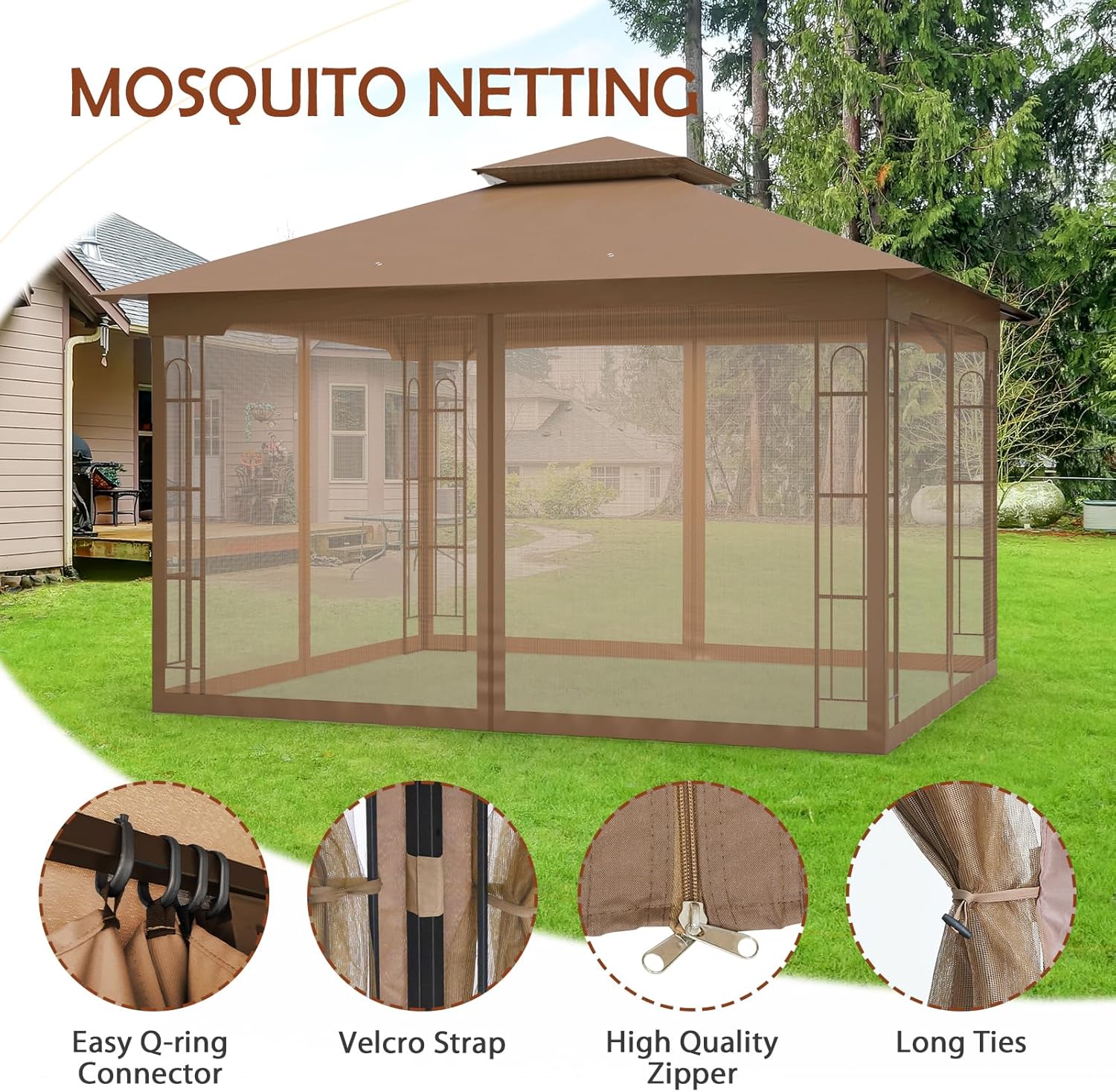 COOS BAY 10x12 Outdoor Patio Gazebo with Netting, Two Tier Water Resistant Canopy for Backyard, Brown