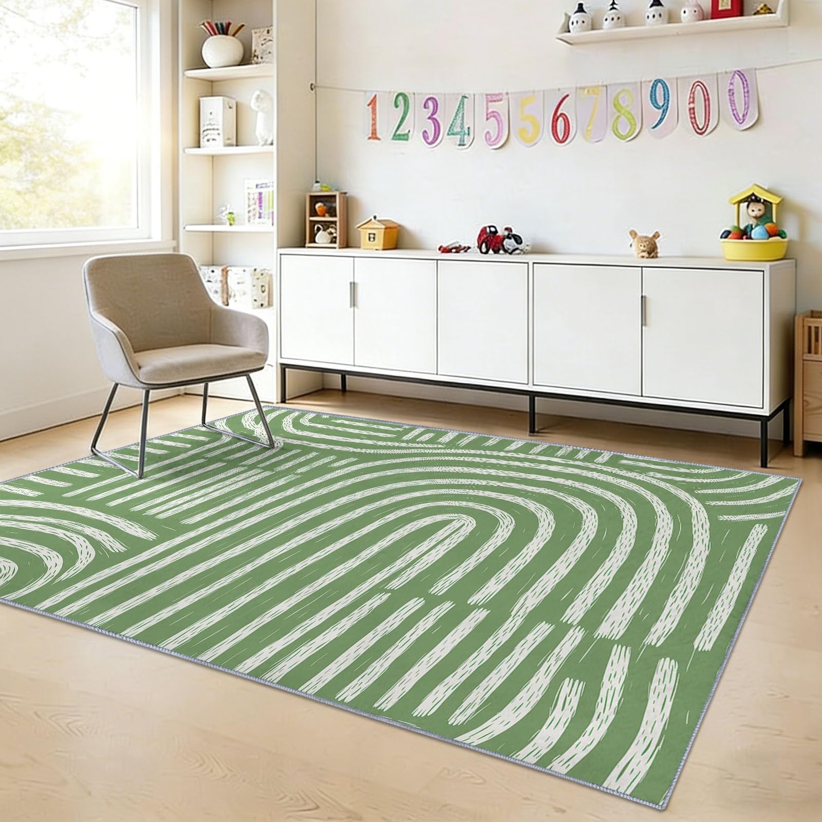 Abstrait Bohème Vert Sauge Tapis Lavable Machine Salon 80 x 150 cm, Tapis Poil Bas Doux Simple Géométrique Demi-Cercle Lignes, Chambre Cuisine Entrée Salle Détente Dortoir Décoration Maison