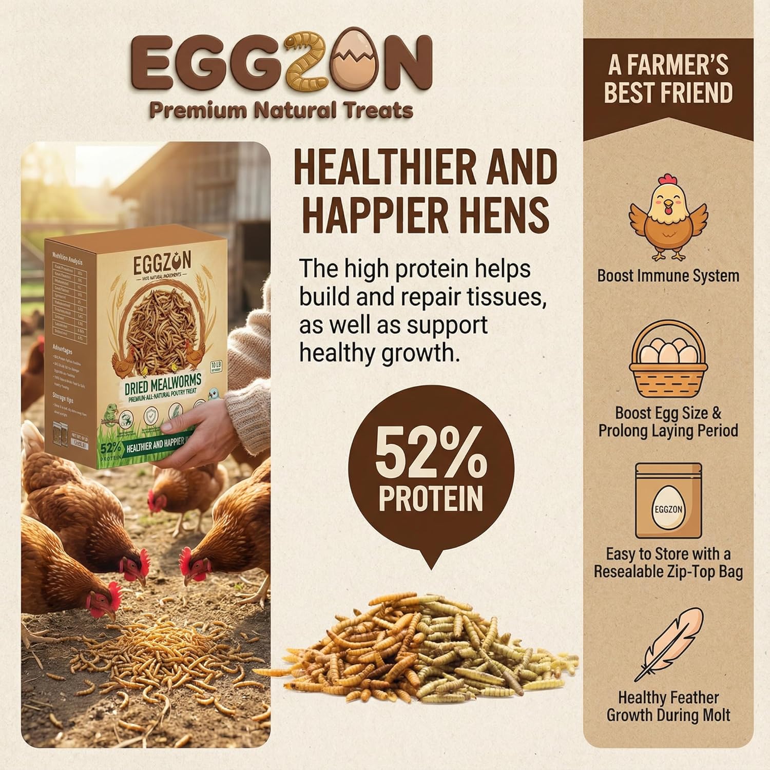 Dried Mealworms,10 lbs(2x5lb Bags),100% Natural Non-GMO, High Protein,All-Natural Chemical-Free Feed for Chickens, Ducks, Reptiles, Birds Food, Hedgehogs & Bearded Dragons, Insect Larvae