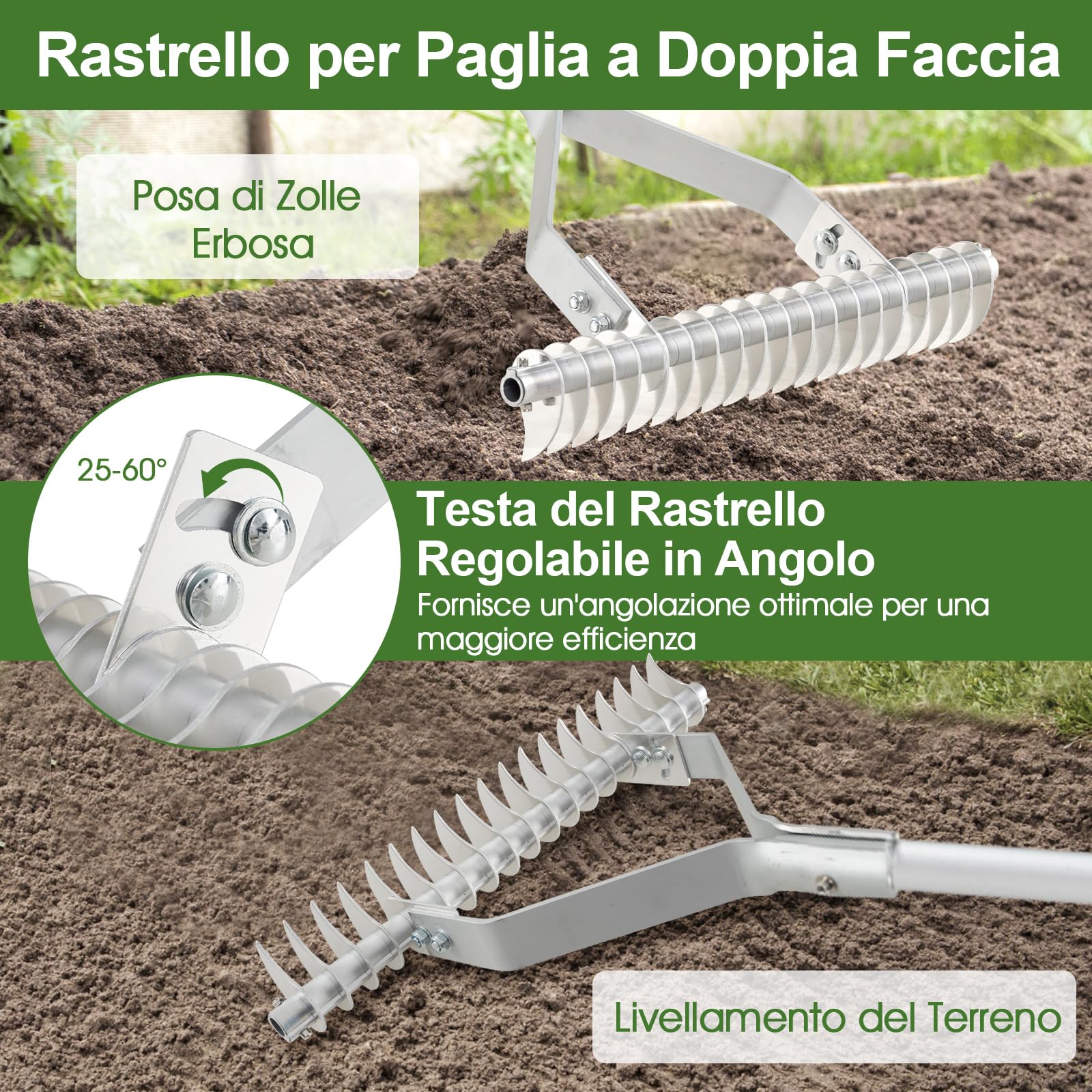 COSTWAY Arieggiatore per Prato 178 cm, Rastrello per Allentare Suolo da 50 cm in Alluminio con Manico Lungo e 19 Denti Curvi, Arieggiatore Manuale da Giardino e Cortile