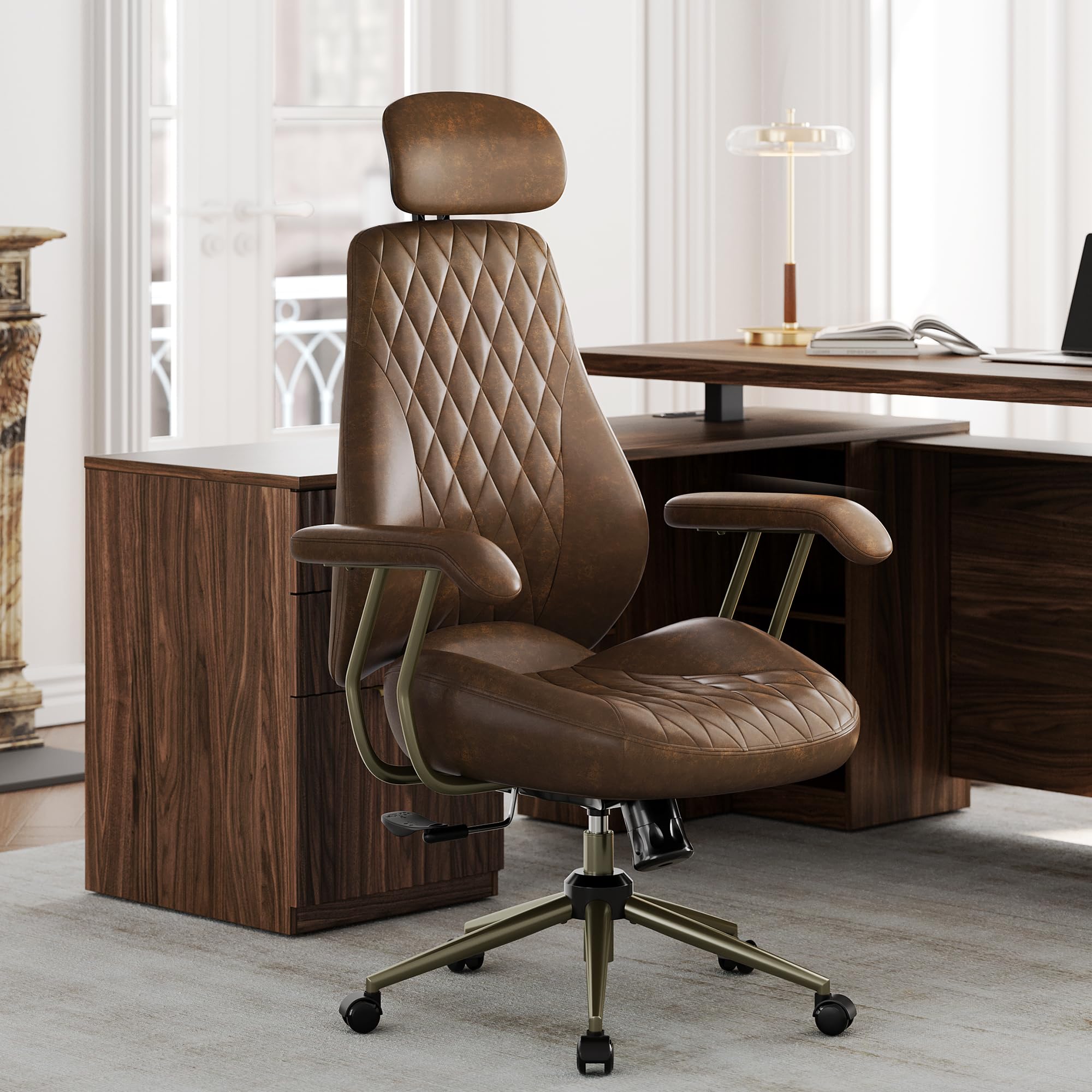High Back Office Chair with Lumbar Support - Ergonomic Executive Desk Chair, Adjustable Swivel Computer Chair in Premium Faux Leather for Home Office Comfort, Brown