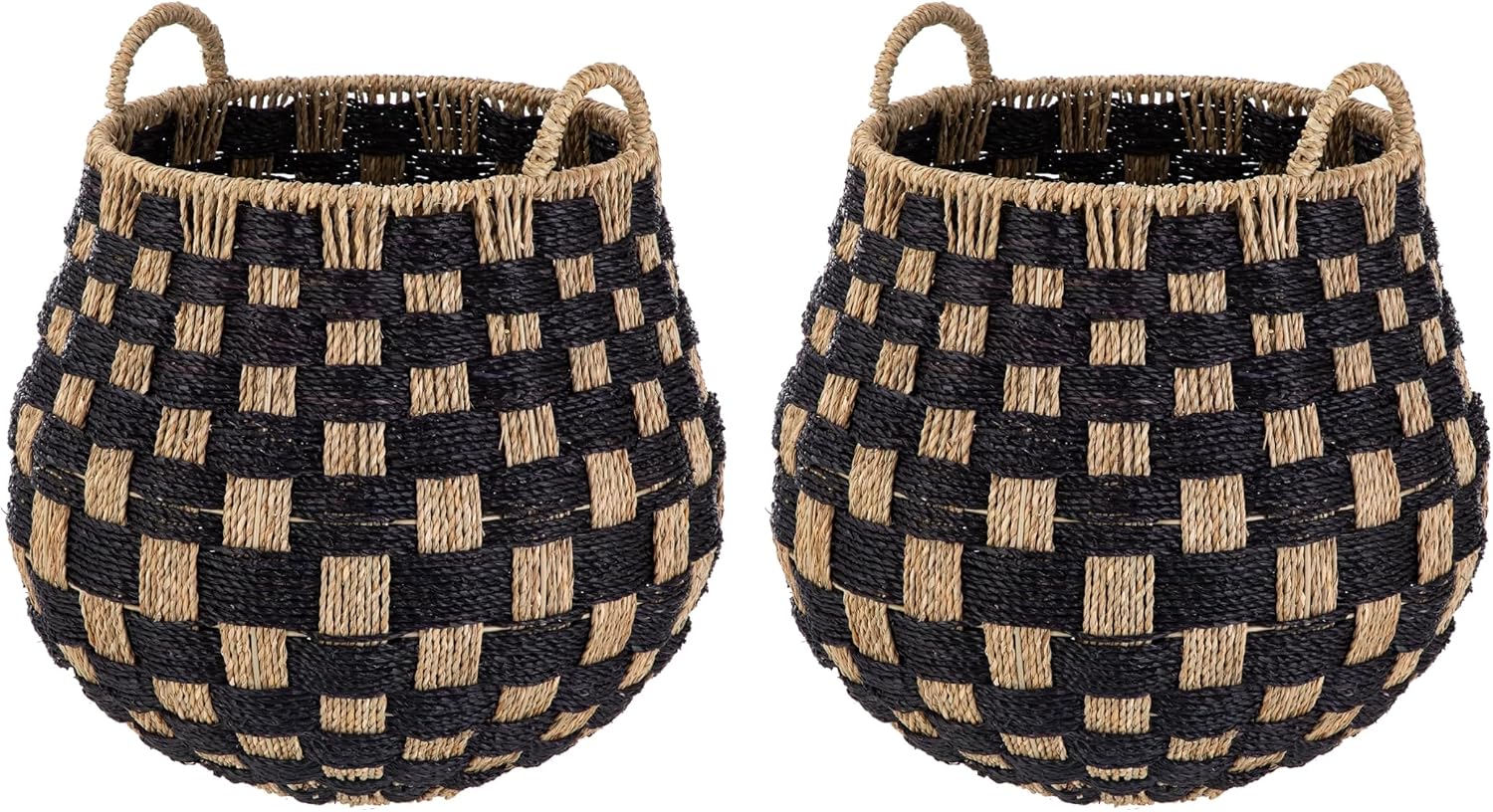 Large Round Checkered Seagrass Woven Storage Basket Set of 2 with Built-in Handles, Versatile Decorative Basket for Planters, Pillows, Magazines & Household Essentials