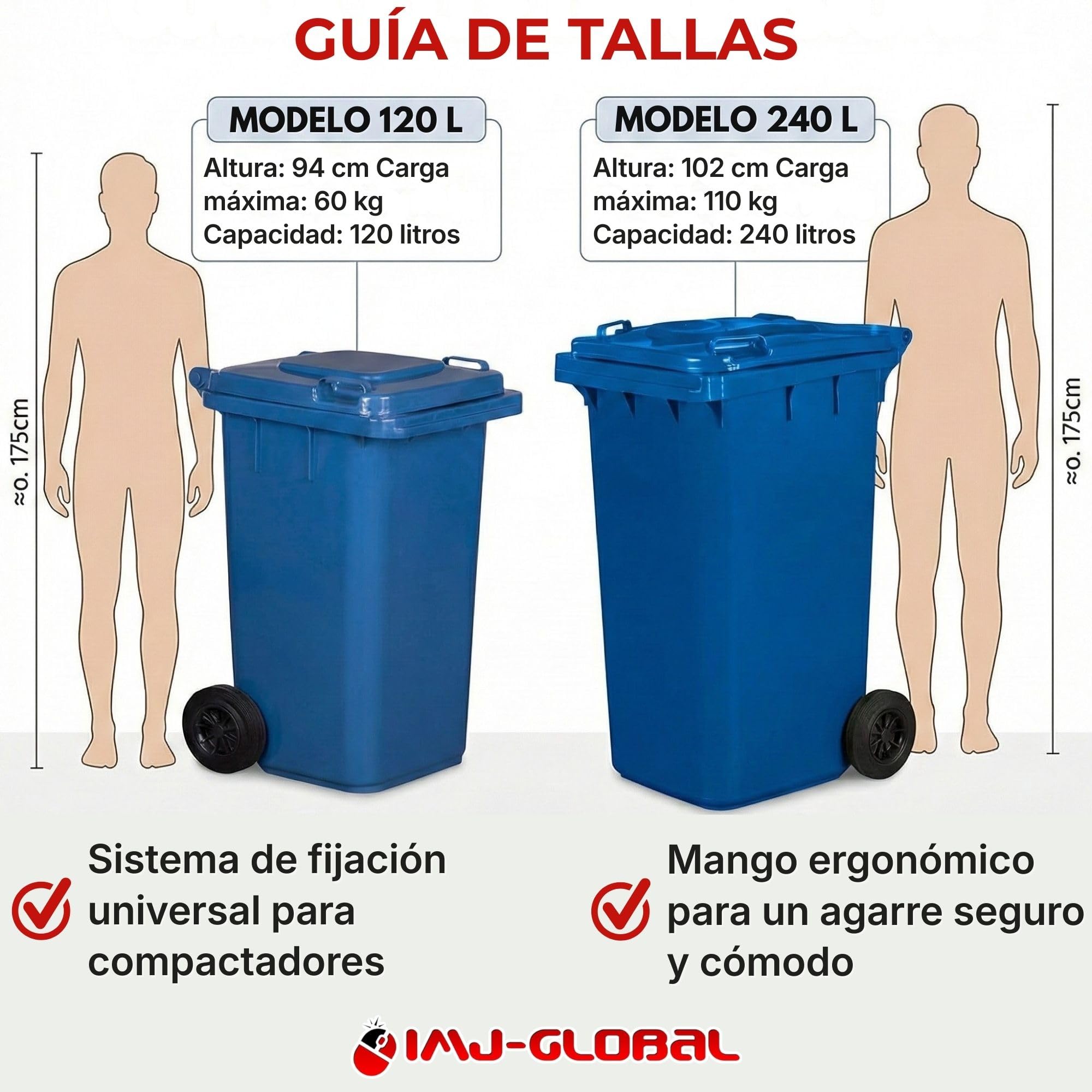 IMJ-Global - Cubo de Basura Alto Grande 120 Litros PN-EN 840 con Ruedas y Sistema de Enganche Mecánico de Recogida, Cubos de Basura de Reciclaje Contenedor Basurero en Plástico (Verde)