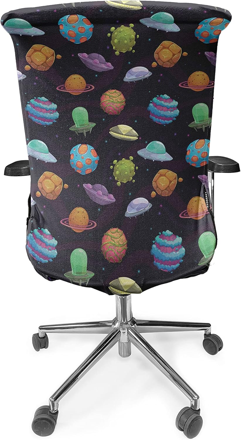 Ambesonne Space Office Chair Cover, UFOs and Planets Gas Giant Alien Environments Science Fiction Elements, Stretchable Decorative Universal Size High Back Printed Slipcover, Black Blue