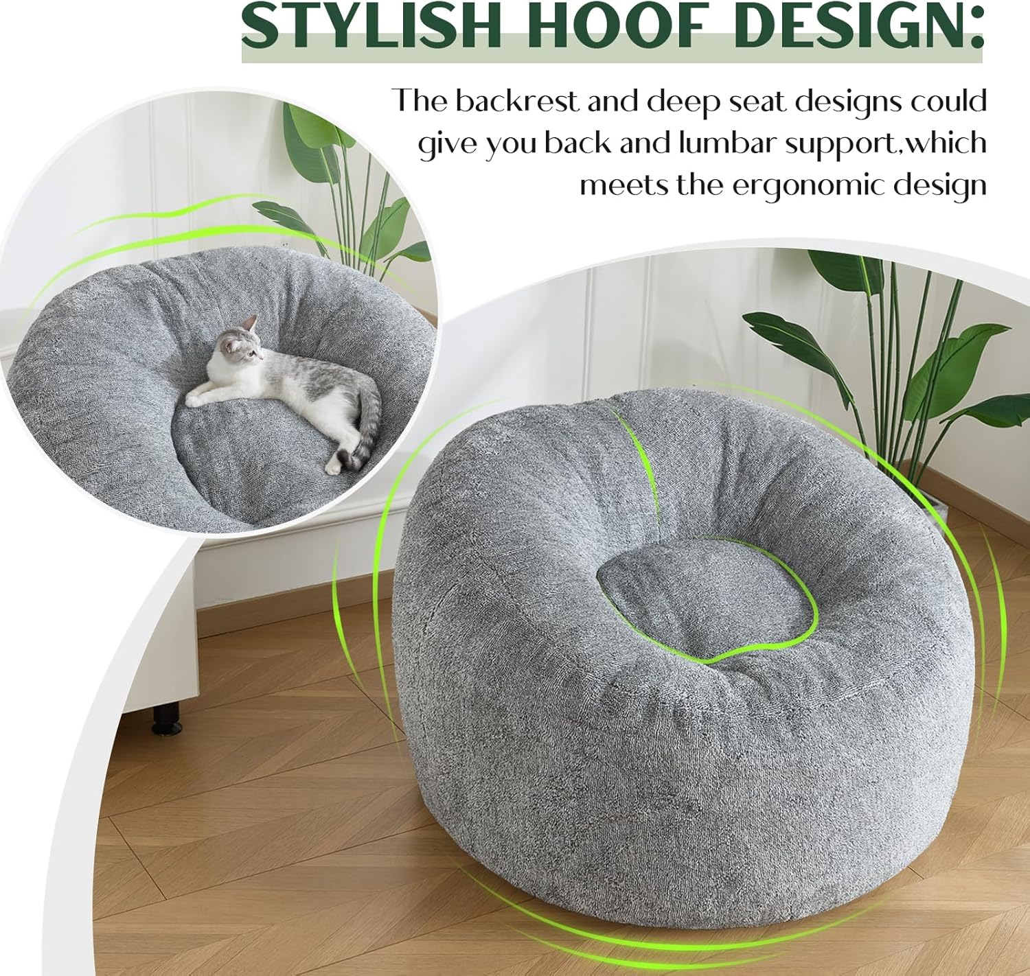 SHOUREN Large Bean Bag Chair,Sherpa Fabric Bean Bag Couch with Backrest,Bean Bag Sofa for Adult/Teen,Soft Memory Foam Floor Sofa,Grey