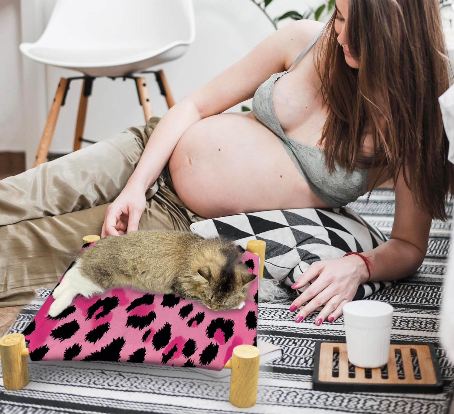 review Cat Hammock Bed, Leopard Print Pink Cat Beds, Wooden Cat Beds for Cats, Breathable Indoor Cat Bed for All Seasons, Indoor Pet Beds, Elevated Cat Bed Cat Hammock