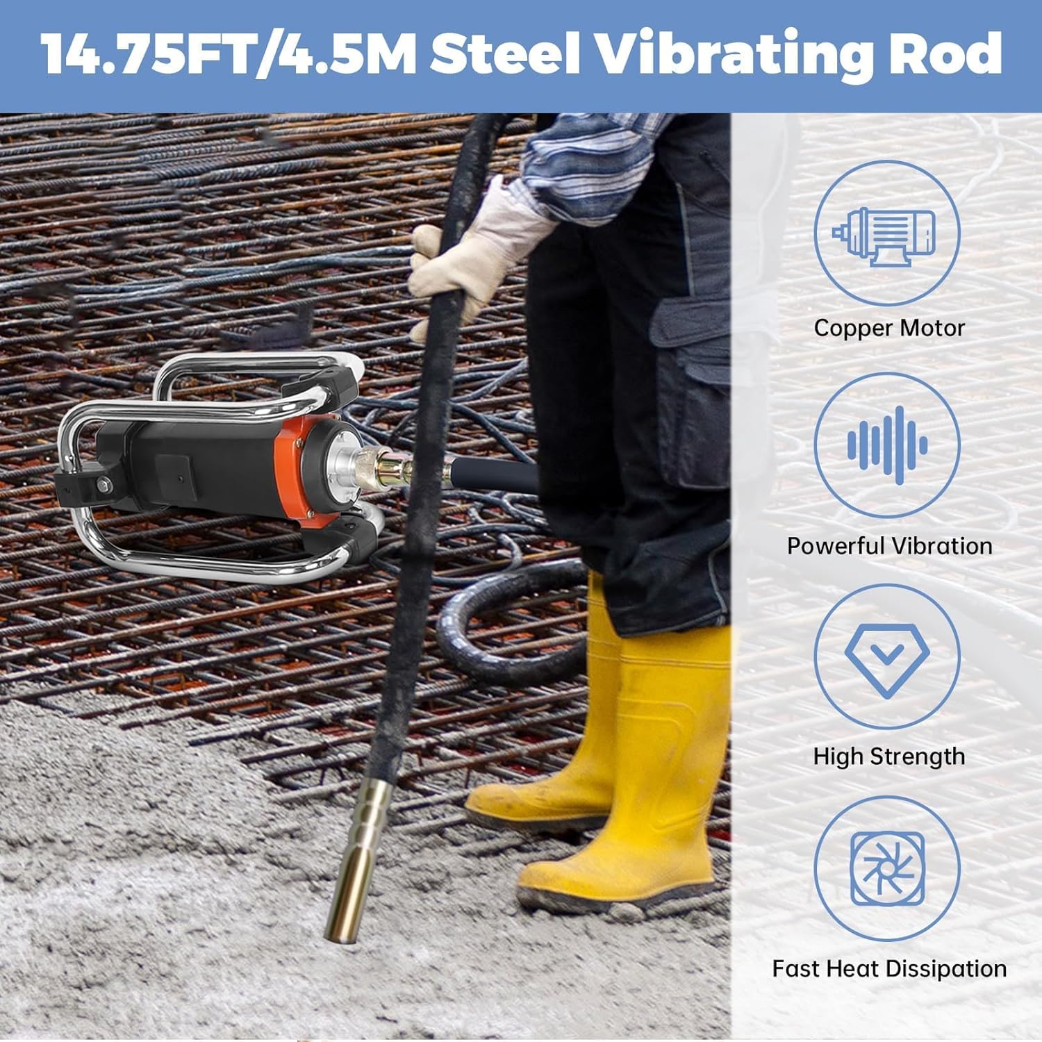 Power Concrete Vibrators, 1500W 2HP Copper Engine Portable Electric Concrete Vibrator Construction Insertion Vibrator with 14-3/4ft Flexible Shaft, Level Concrete and Remove Air Bubble, Concrete Tools