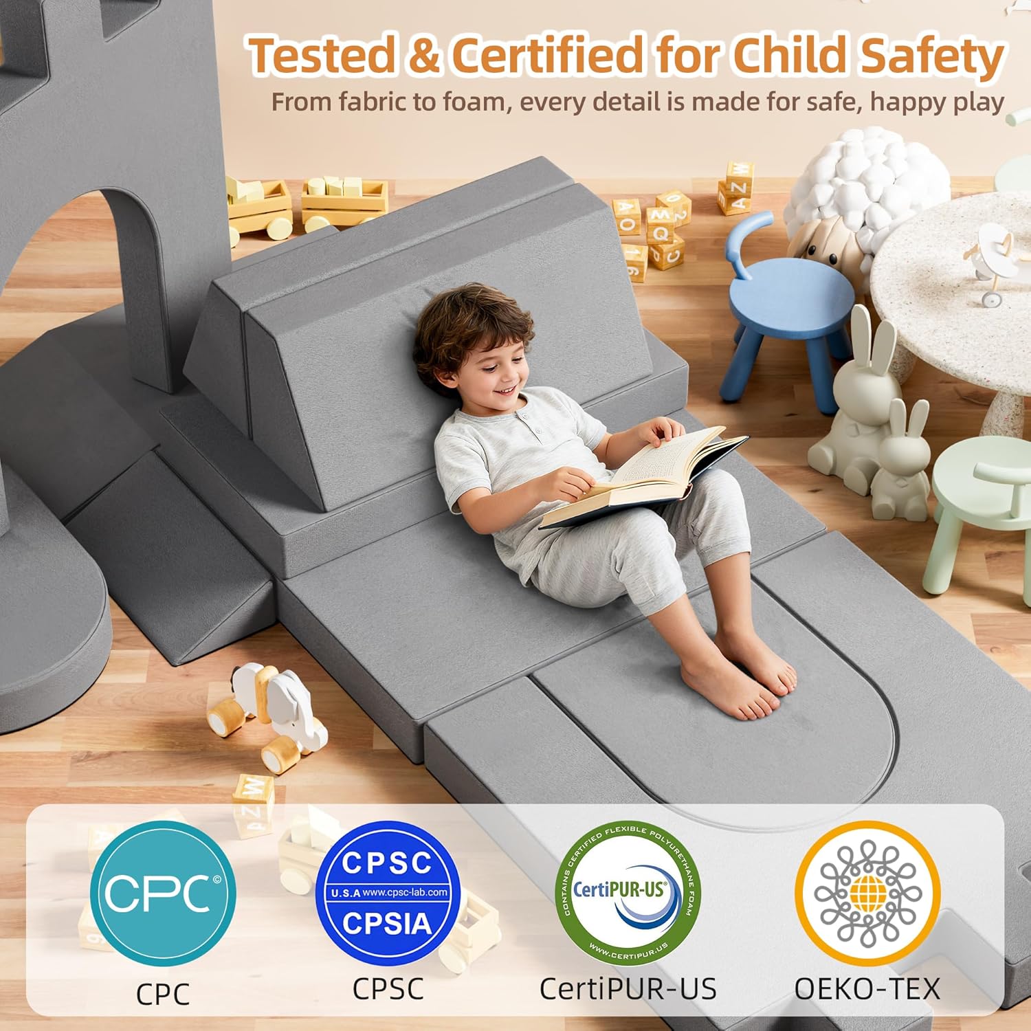 TOLEAD 66 Inch Extra Large Modular Kids Play Couch, Convertible Kids Couch Building Fort for Playroom Bedroom, Toddler Sectional Foam Sofa Cushion Fort for Boys and Girls (Light Grey)