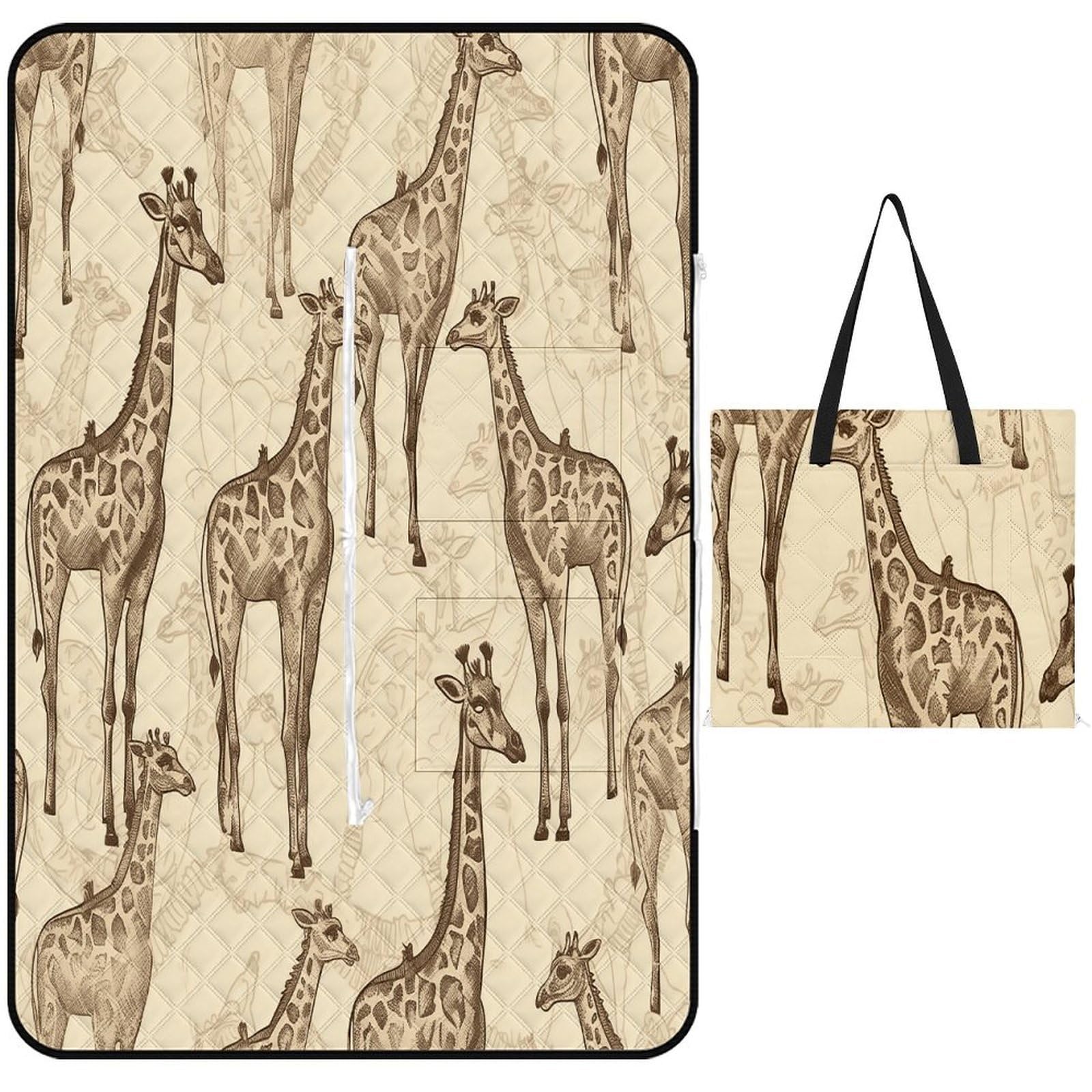 VstaDank Hand Drawn Giraffes Picnic Mat 150x100cm Extra Large Picnic Blanket with Zipper Waterproof Sandproof Beach Blanket Portable Beach Mat Foldable Camping Blankets for Park Grass Lawn Travel