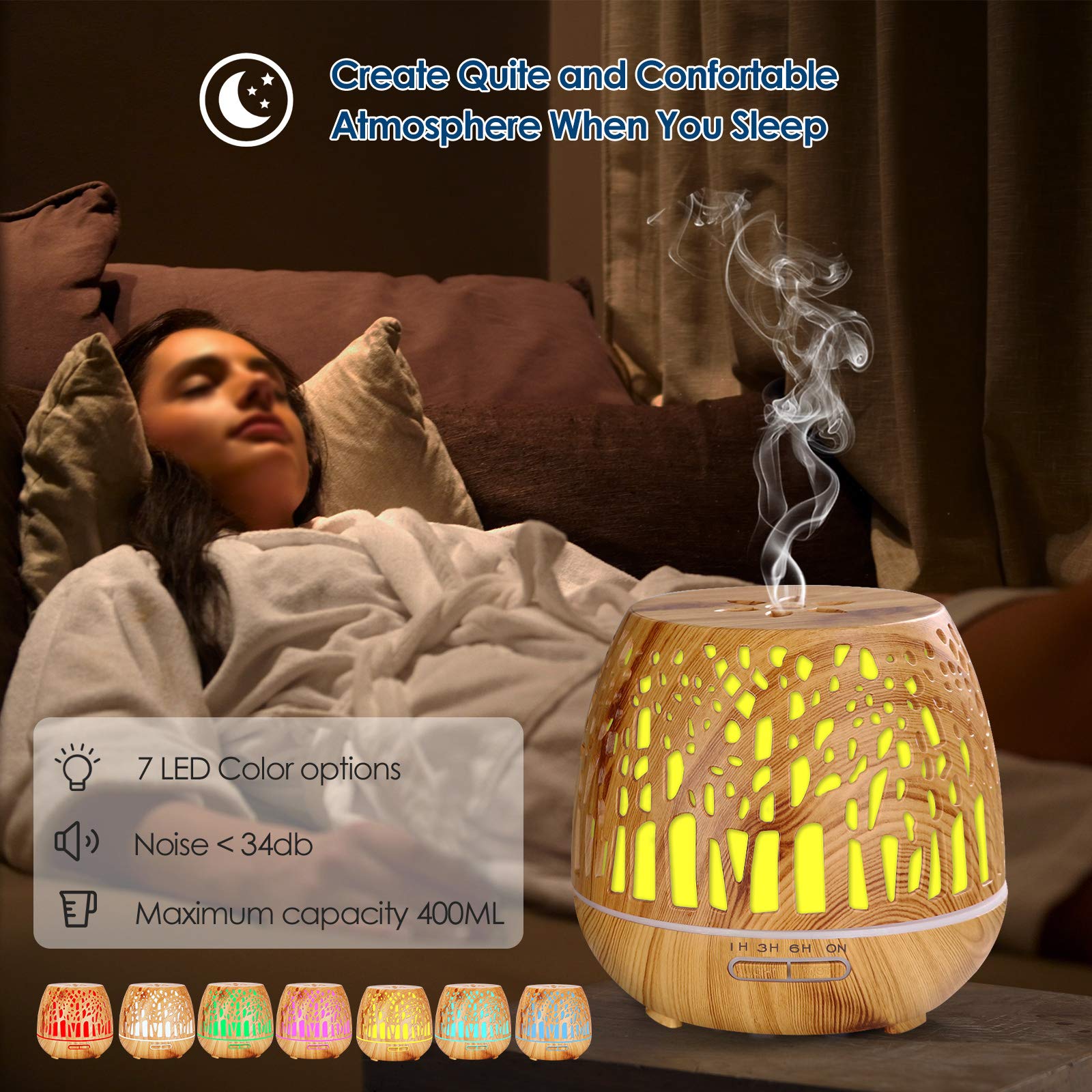 Simpeak Humidificador Ultrasónico y Difusor de Aroma 400ml, atomizador de Fragancia ultrasónico LED con Control Remoto-Bosque Tallado, Marrón Claro