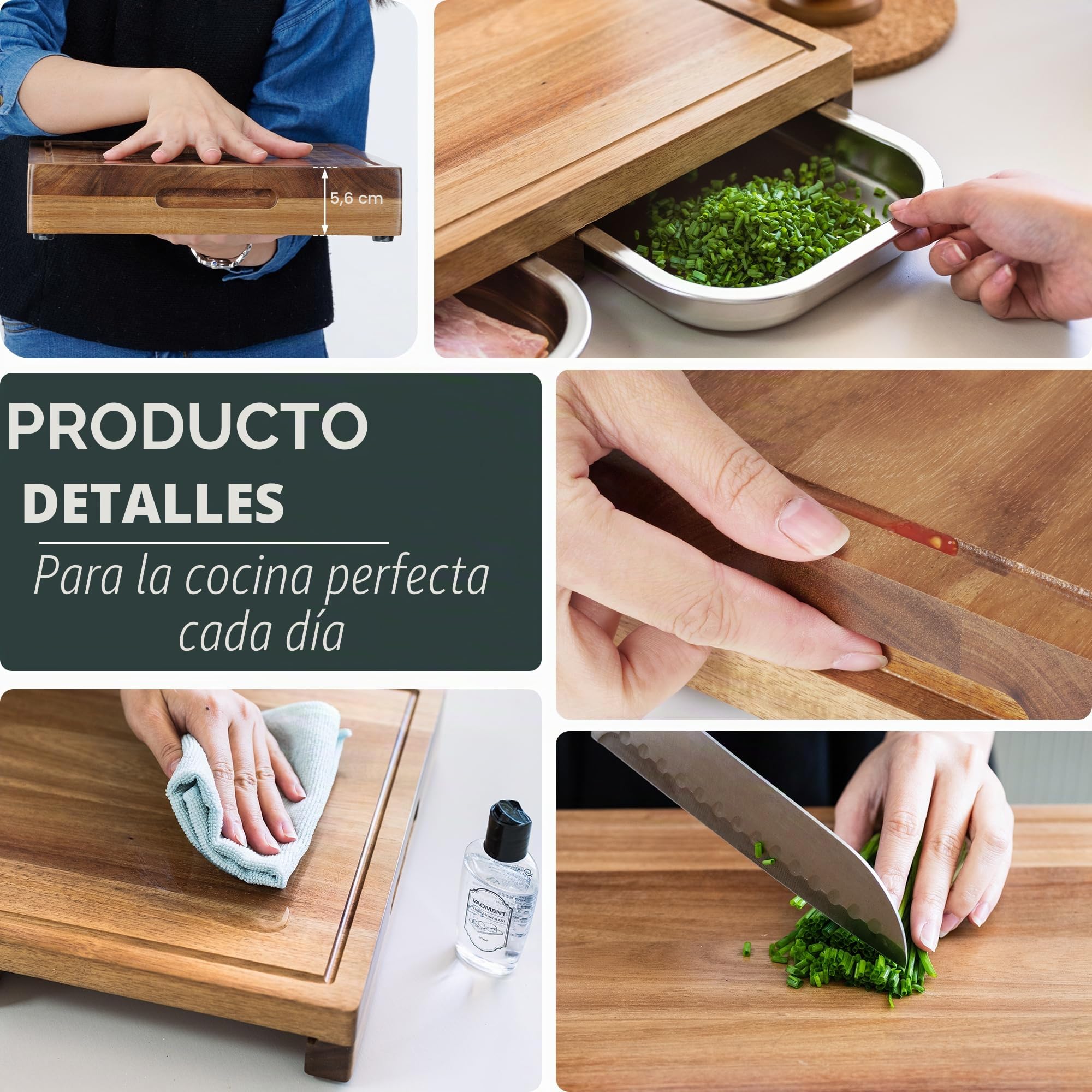 Tabla de cortar con bandeja recogedora, 44,5 x 30 x 6 cm, madera de acacia, tabla de cortar con 3 bandejas colectoras, tabla grande de madera de cocina