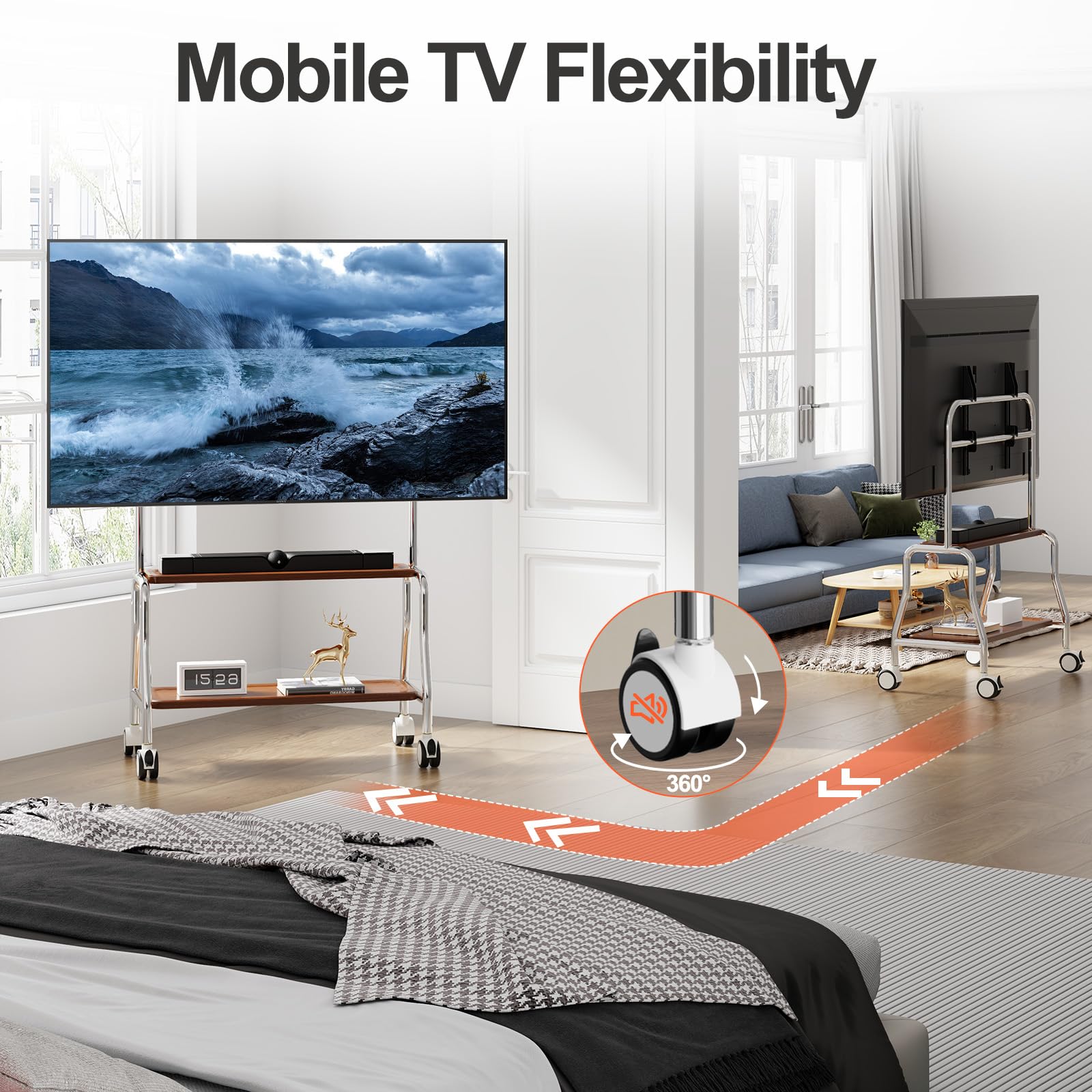 Carrello porta TV mobile, cavalletto, supporto TV con ruote per schermi piatti LCD, LED, OLED da 32 a 75 pollici, in acciaio inossidabile con ruote, capacità massima 49,9 kg, VESA 600 x 400 mm