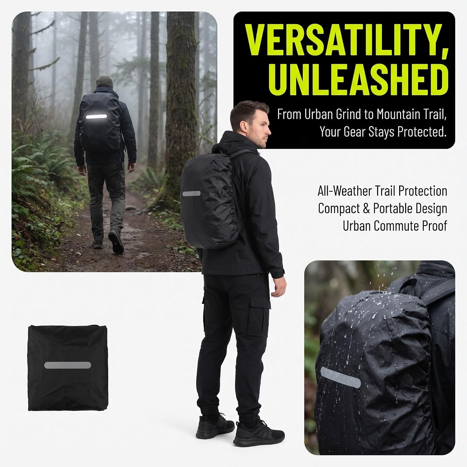 Toddmomy 2pcs Waterproof Backpack Rain Covers - Black Reflective Backpack Covers with Anti-Slip Buckle Straps for Hiking Biking Camping Outdoor Traveling