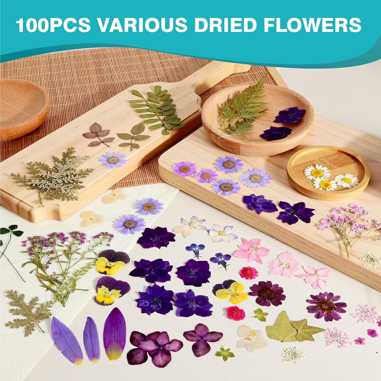 Resiners 100Pcs Dried Pressed Flowers & Heat Gun, Purple Real Pressed Flowers Dry Leaves Kit & Mini Dual Temp Hot Air Gun Tool for Epoxy Resin