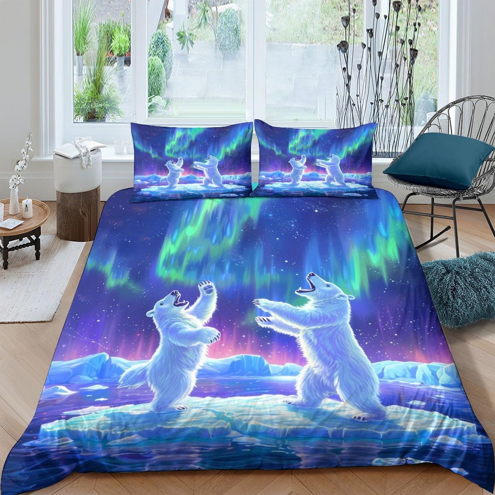 Ctjqhvkz Style-3 3D Printed Aurora Polar Bear Fitted Sheet Microfiber Soft Anti-Slip Mattress Cover For Bedroom Dorm Artistic Decor Single（135X200cm）